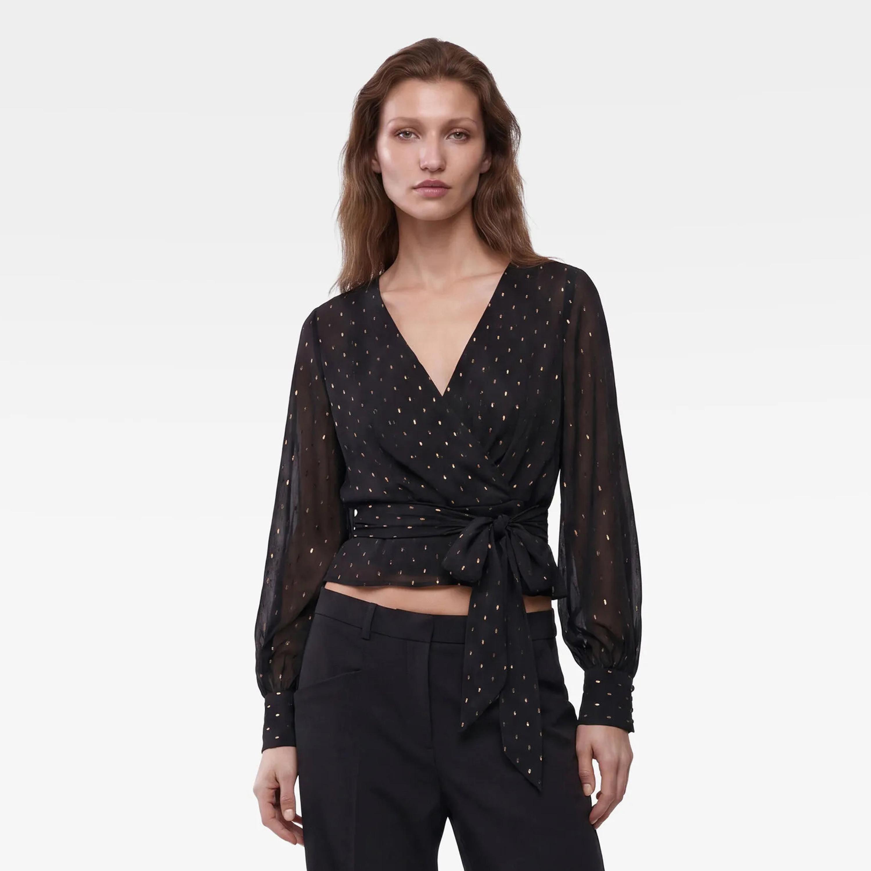 KOTON Black Metallic Surplice Neck Women's Wrap Top-women-clothing-shirtsandblouses-blouses-image-4