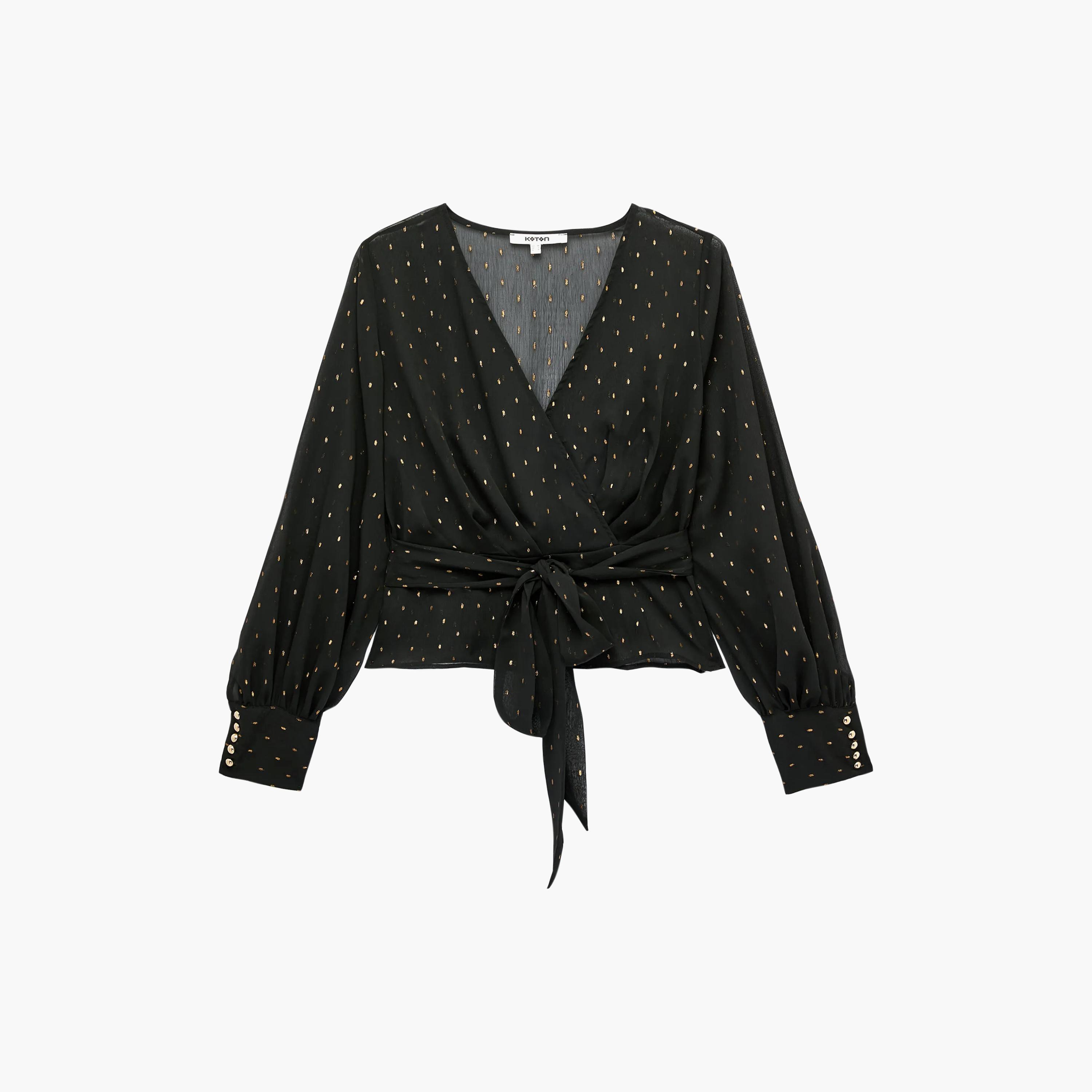 KOTON Black Metallic Surplice Neck Women's Wrap Top-women-clothing-shirtsandblouses-blouses-image-5