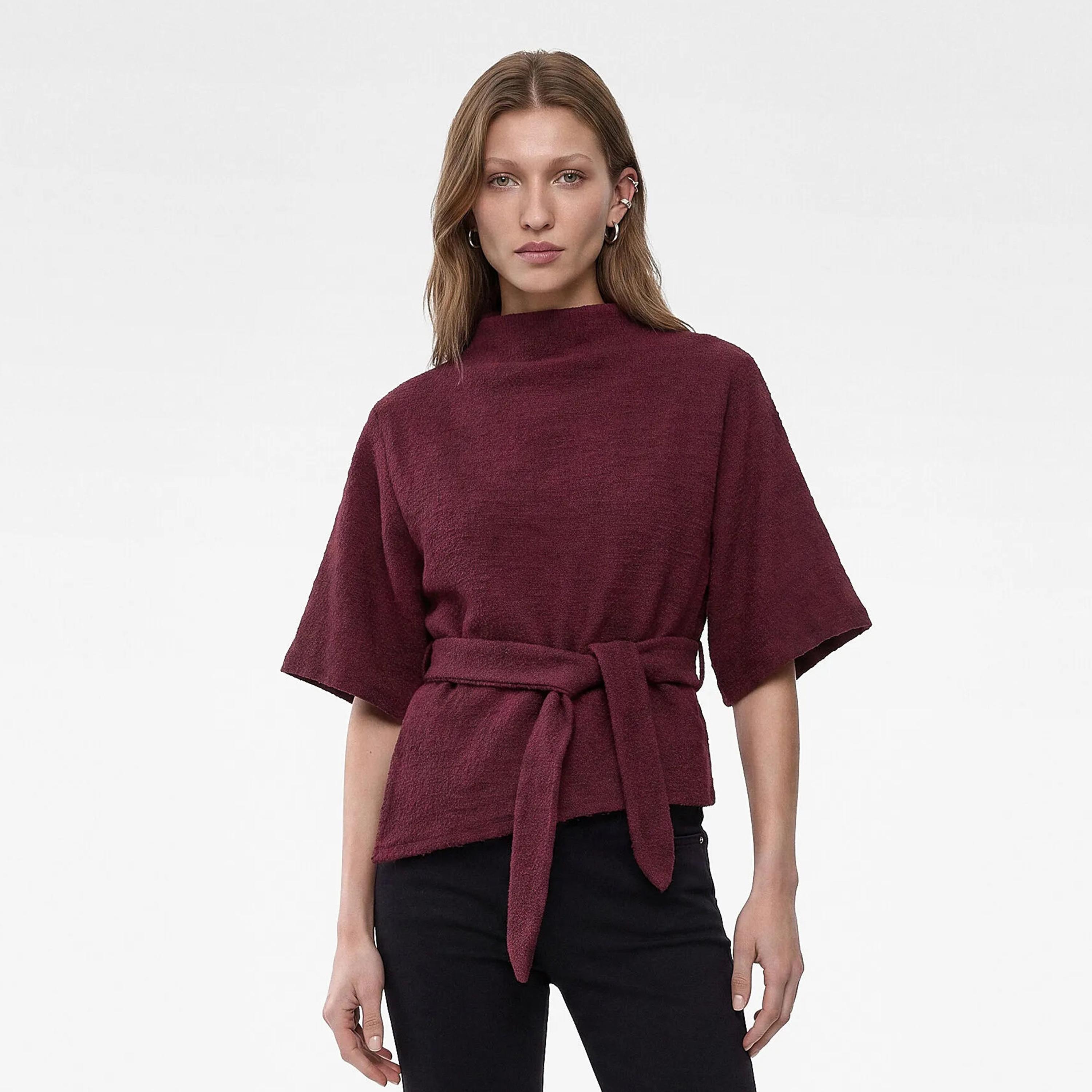 KOTON Burgundy Textured Cotton High Neck Kimono Sleeves Women's Top-women-clothing-shirtsandblouses-blouses-image-1
