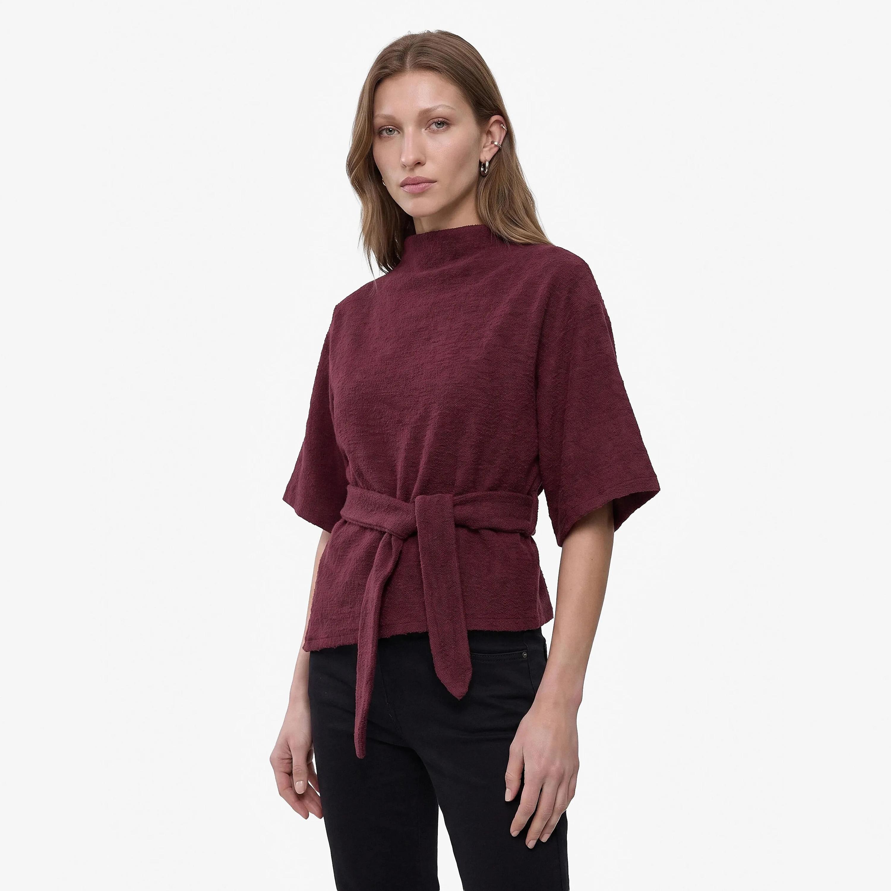 KOTON Burgundy Textured Cotton High Neck Kimono Sleeves Women's Top-women-clothing-shirtsandblouses-blouses-image-3