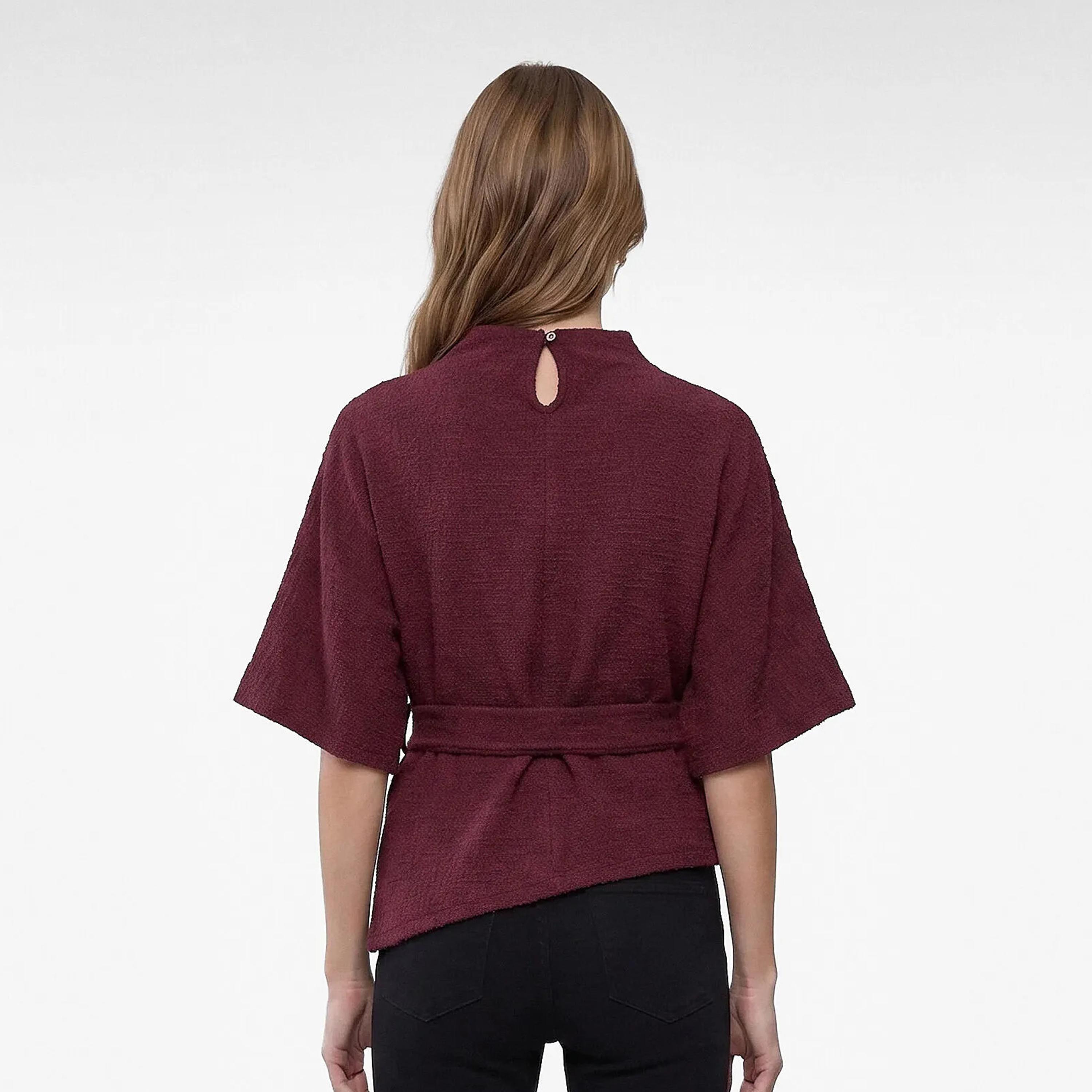 KOTON Burgundy Textured Cotton High Neck Kimono Sleeves Women's Top-women-clothing-shirtsandblouses-blouses-image-4