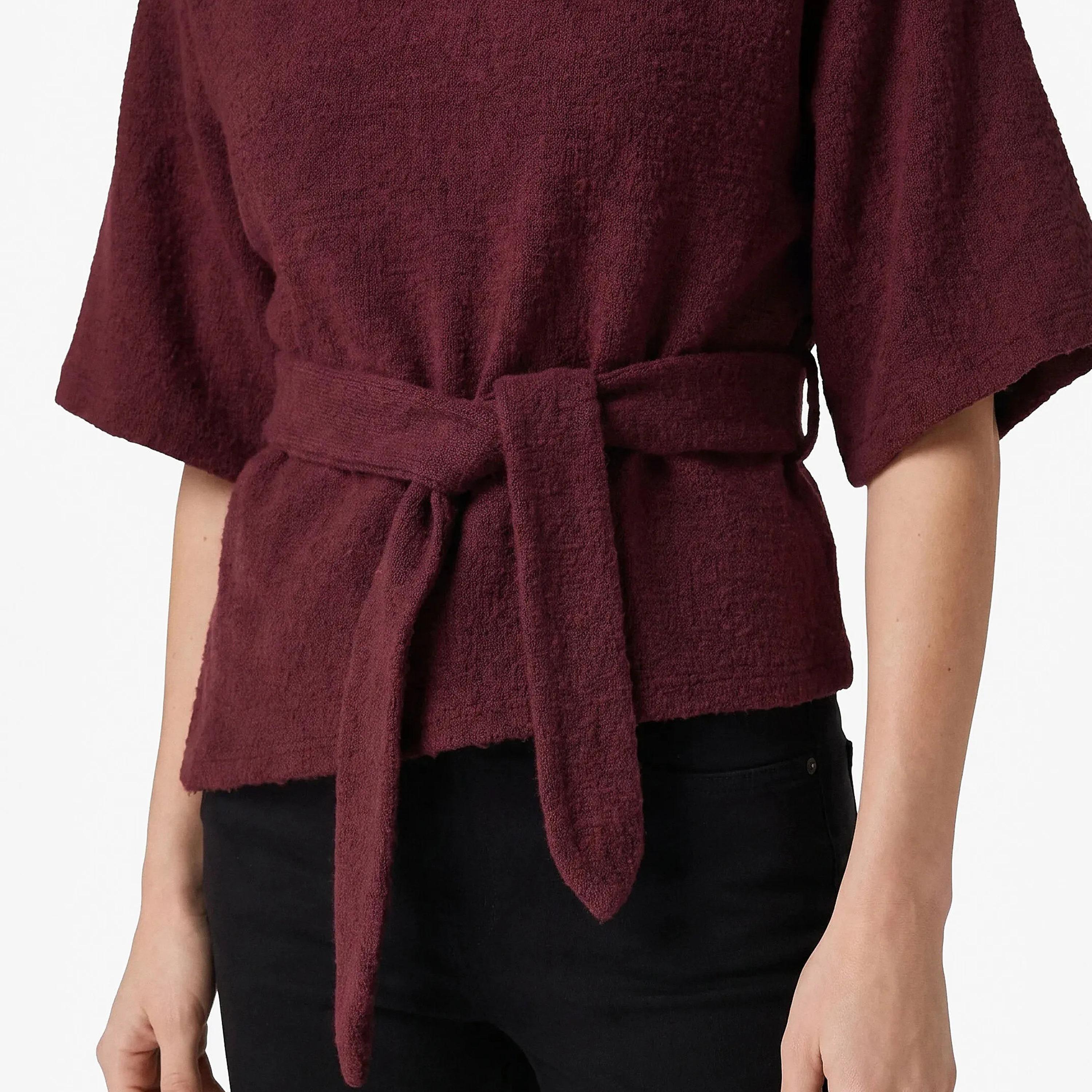 KOTON Burgundy Textured Cotton High Neck Kimono Sleeves Women's Top-women-clothing-shirtsandblouses-blouses-image-5