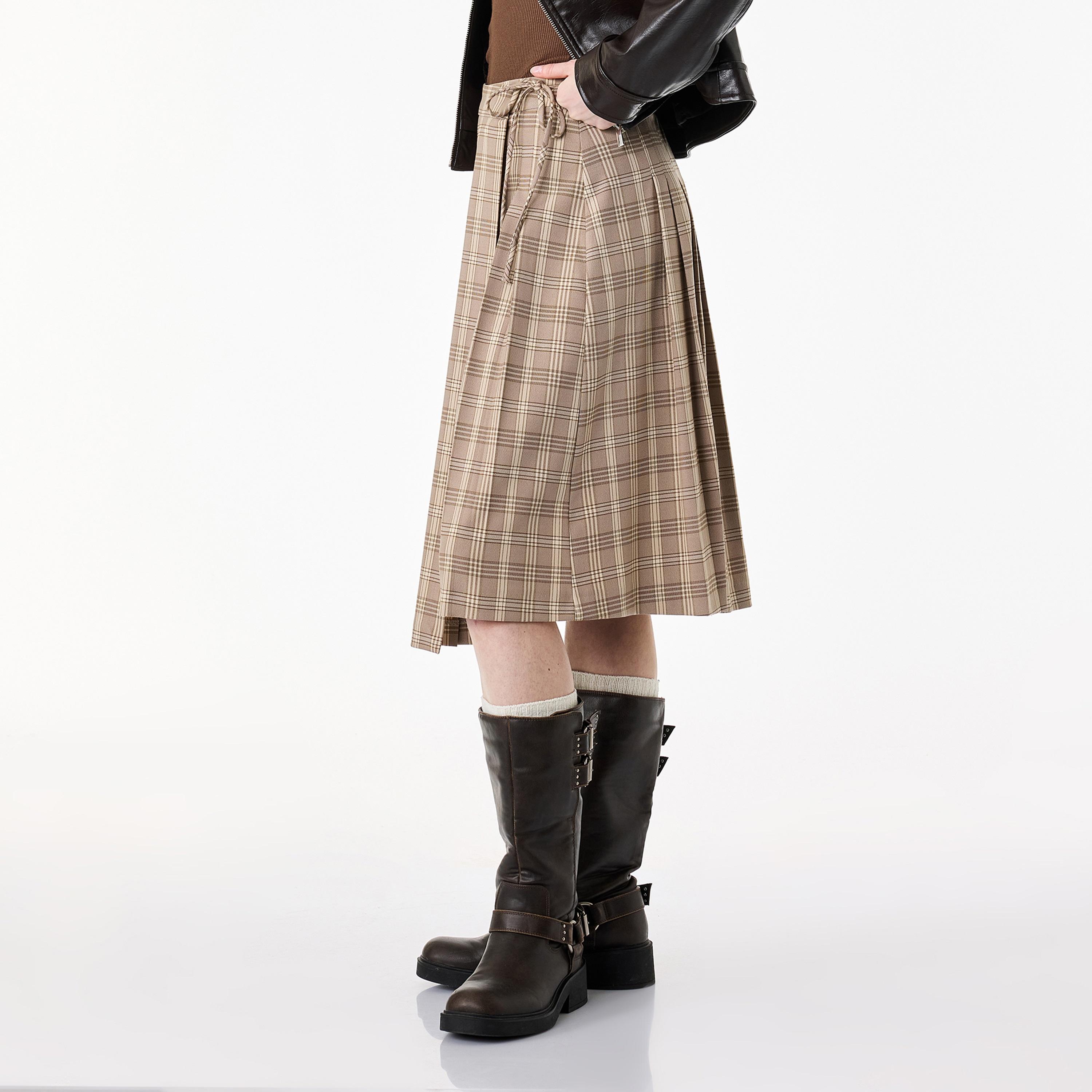 KOTON Beige Checked Women's A-Line Midi Skirt-women-clothing-skirts-image-1