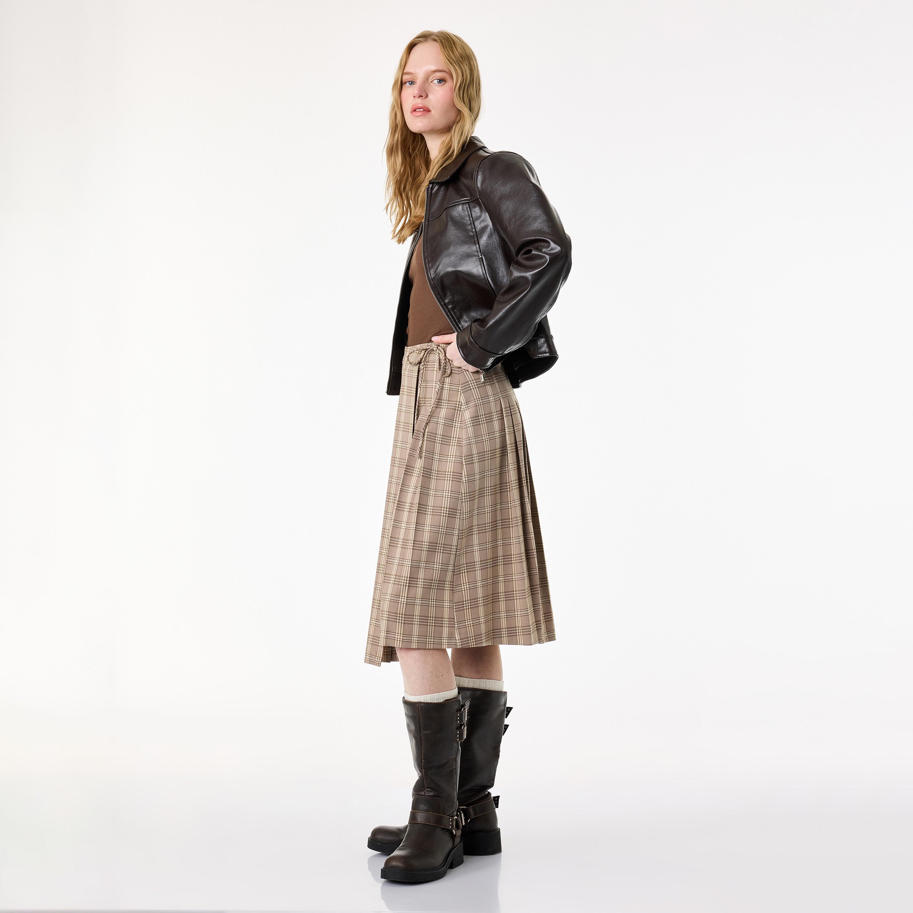 KOTON Beige Checked Women's A-Line Midi Skirt-women-clothing-skirts-image-2