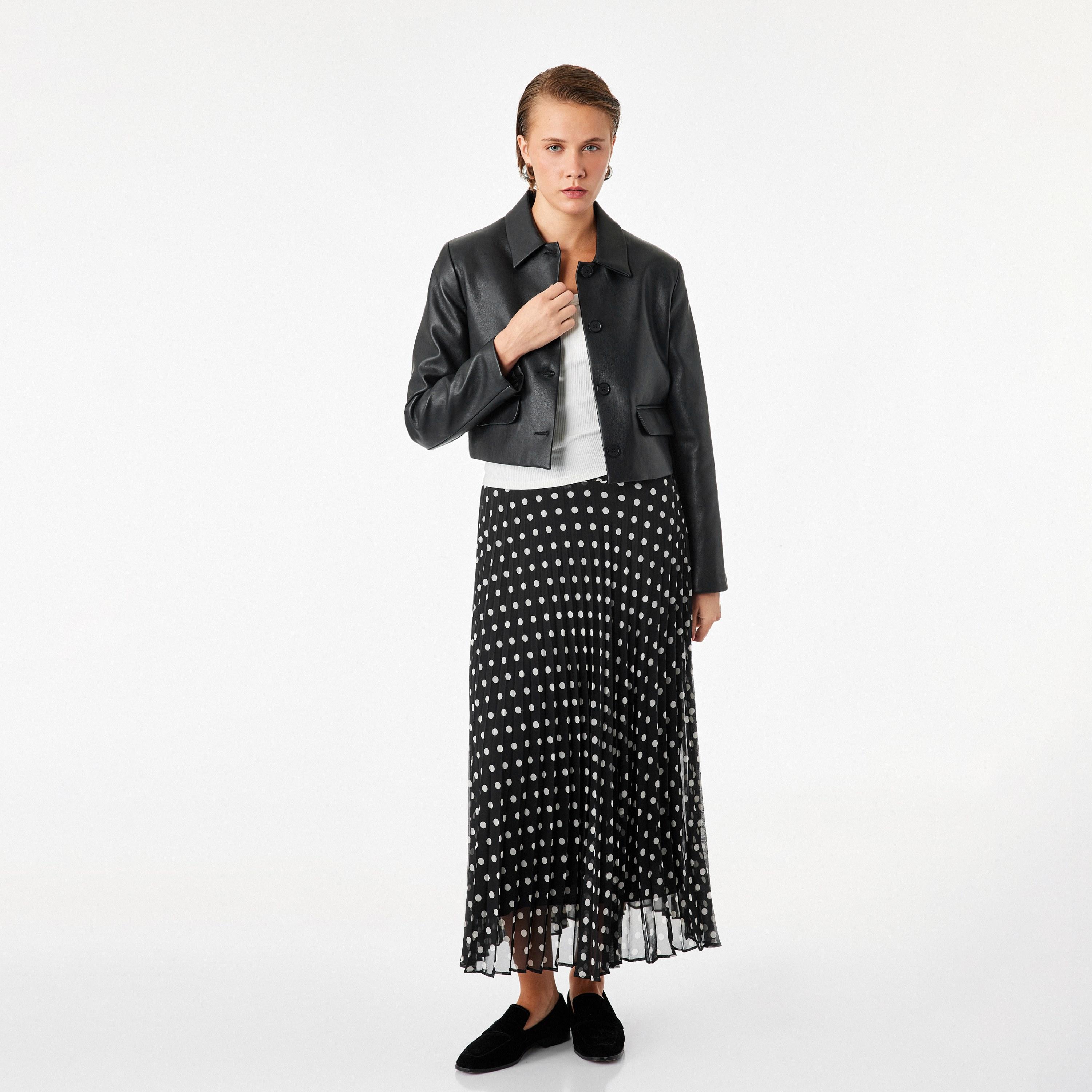 KOTON Black Polka Dot Women's Pleated Maxi Skirt-women-clothing-skirts-image-2