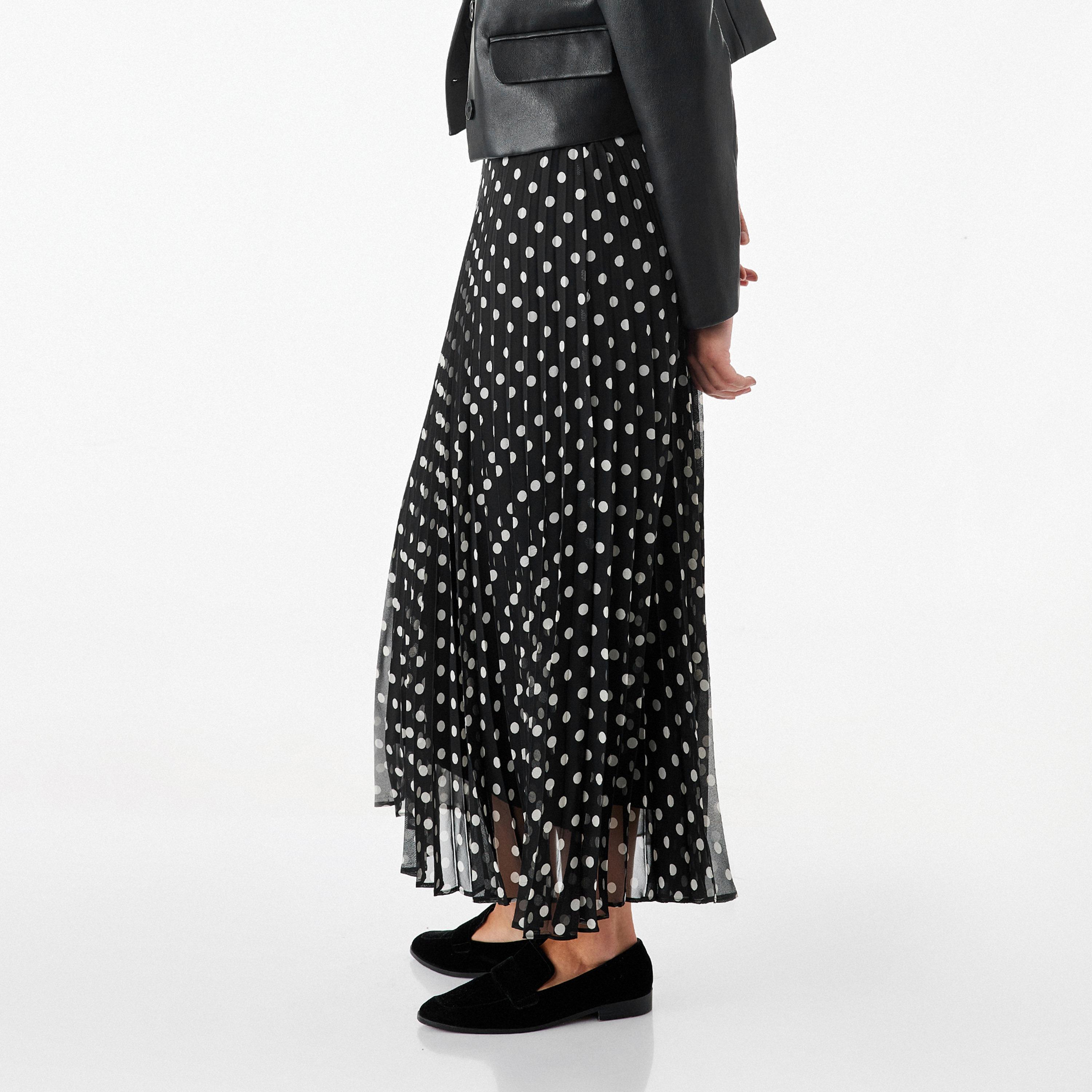 KOTON Black Polka Dot Women's Pleated Maxi Skirt-women-clothing-skirts-image-3