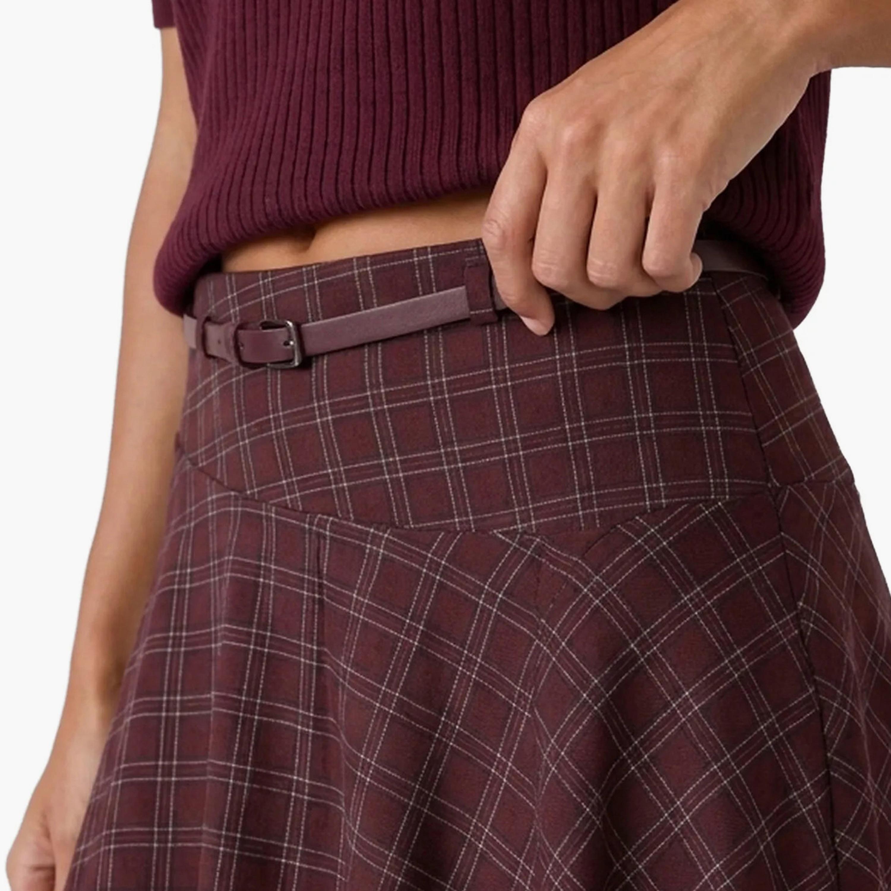 KOTON Burgundy Checked Hanky Hem Women's Midi Skirt-women-clothing-skirts-image-5