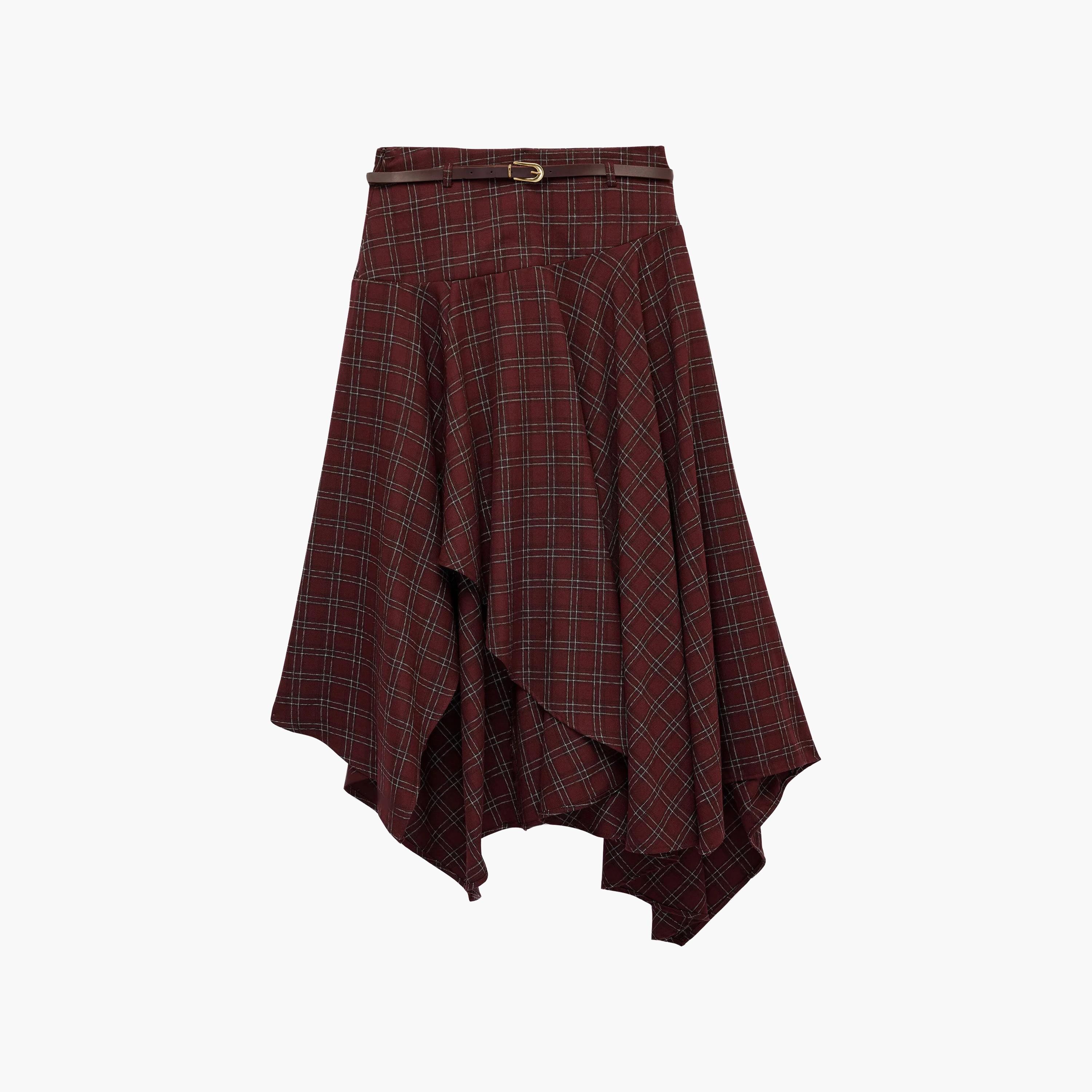 KOTON Burgundy Checked Hanky Hem Women's Midi Skirt-women-clothing-skirts-image-6