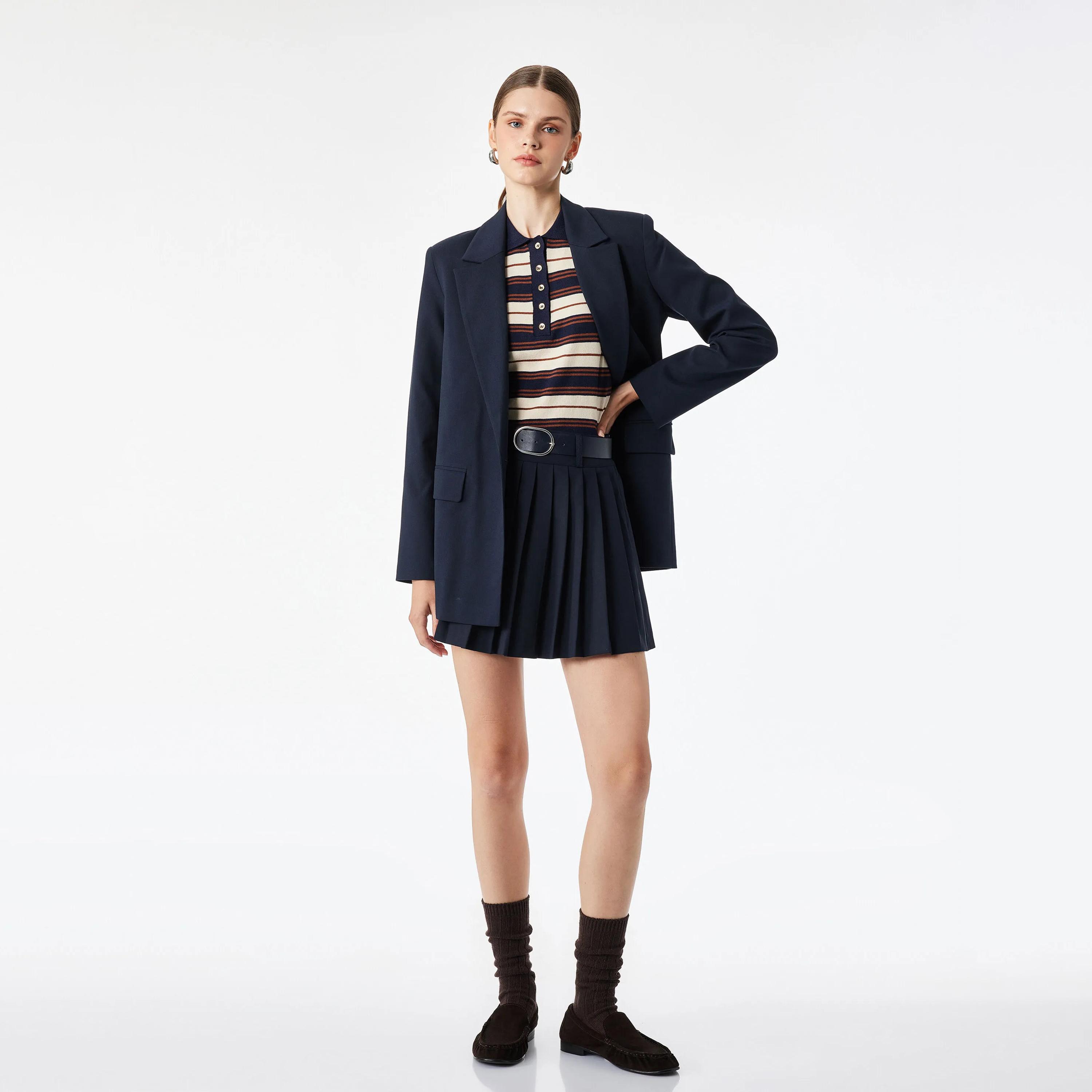 KOTON Navy Pleated A-Line Women's Mini Skirt-women-clothing-skirts-image-2