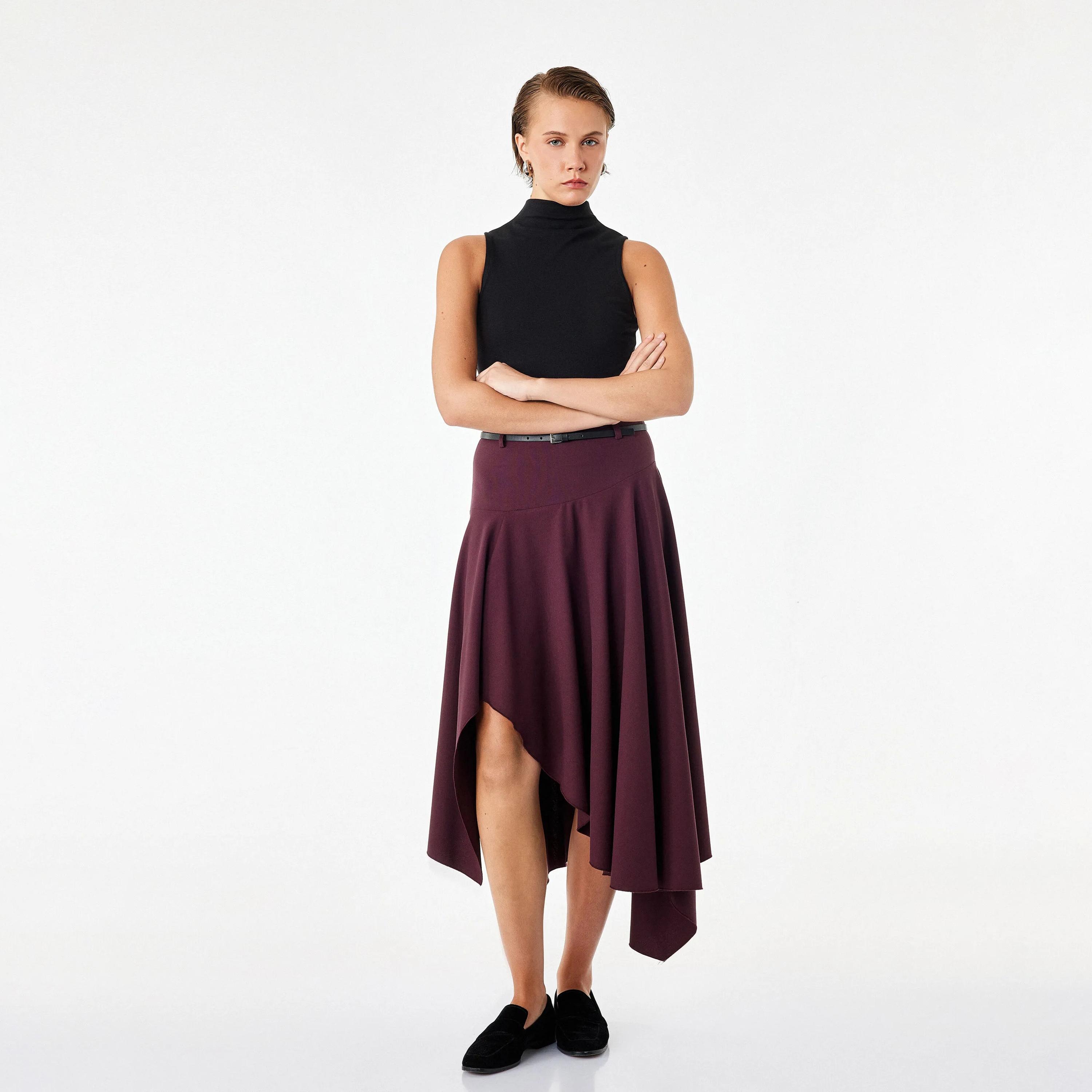 KOTON Burgundy Plain Hanky Hem Women's Midi Skirt-women-clothing-skirts-image-2
