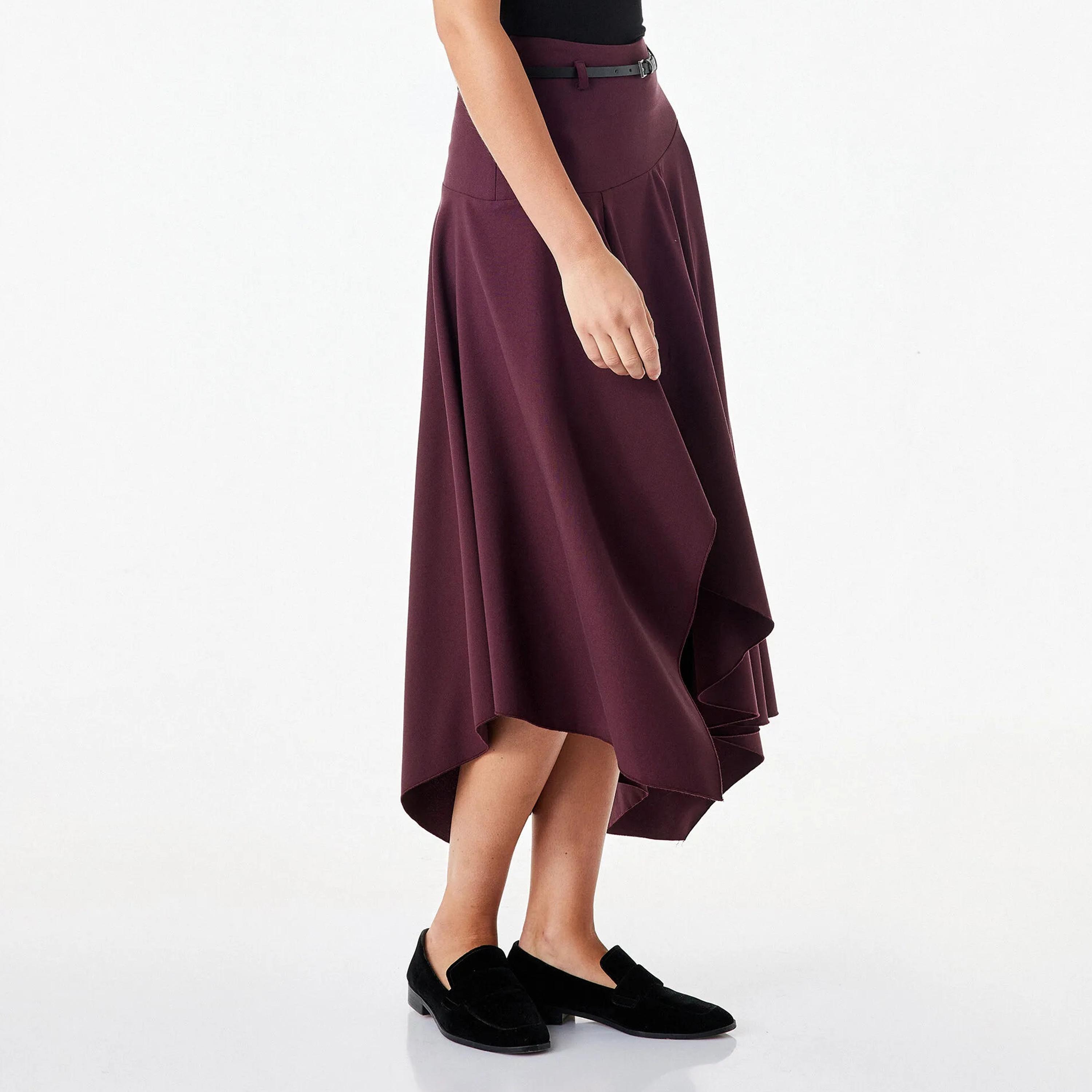 KOTON Burgundy Plain Hanky Hem Women's Midi Skirt-women-clothing-skirts-image-3