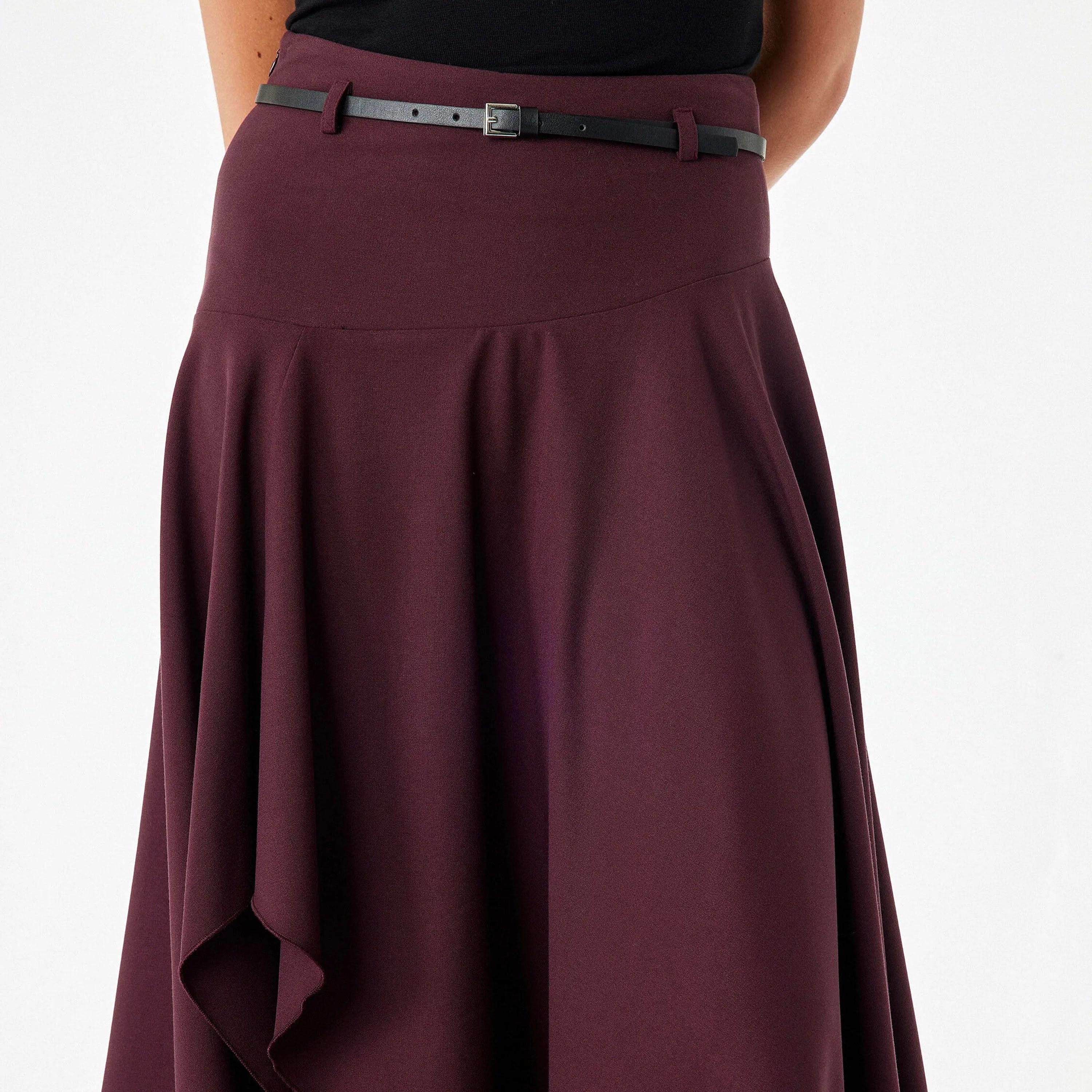 KOTON Burgundy Plain Hanky Hem Women's Midi Skirt-women-clothing-skirts-image-5