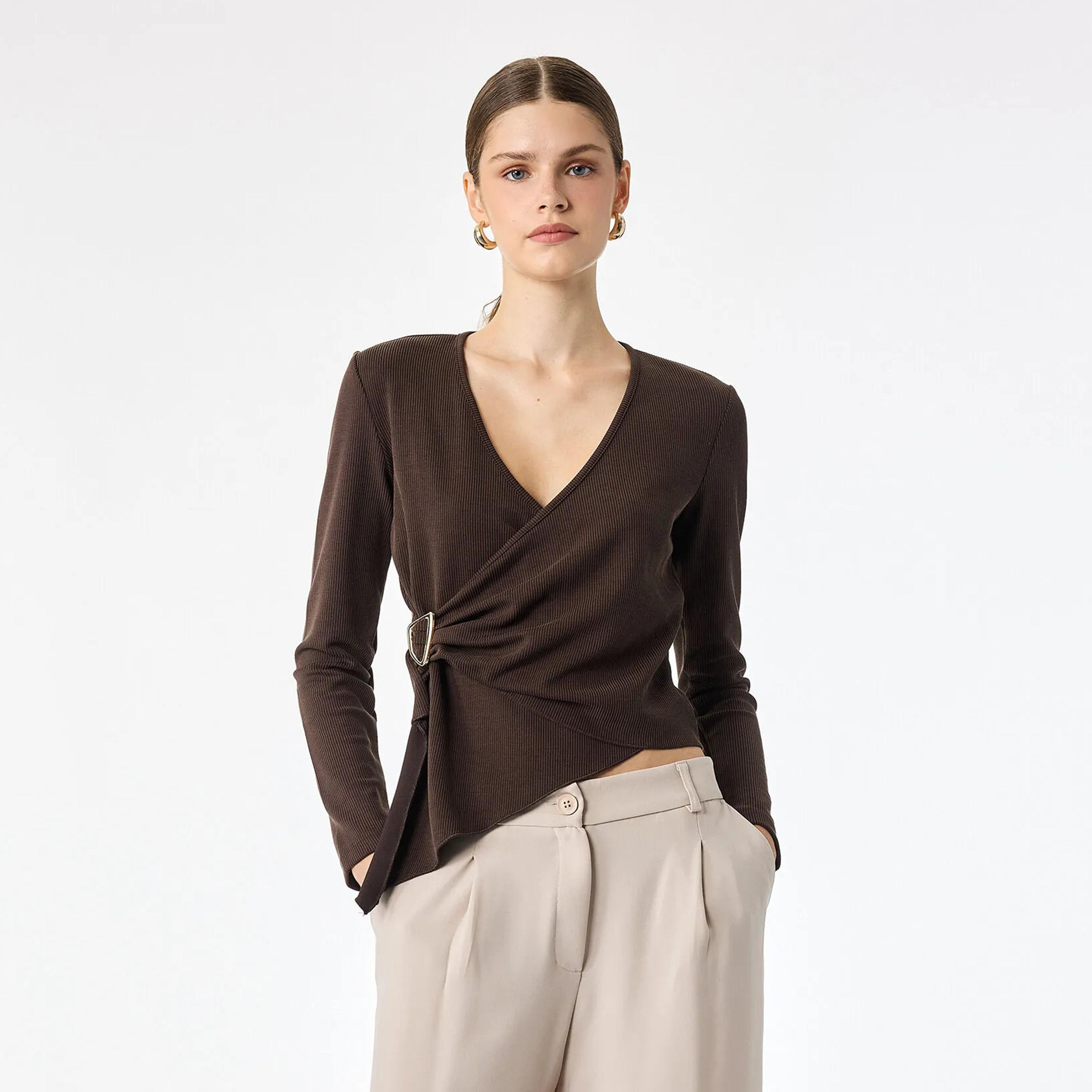 KOTON Brown Ribbed Surplice Neck Women's Wrap Top-women-clothing-shirtsandblouses-blouses-image-1