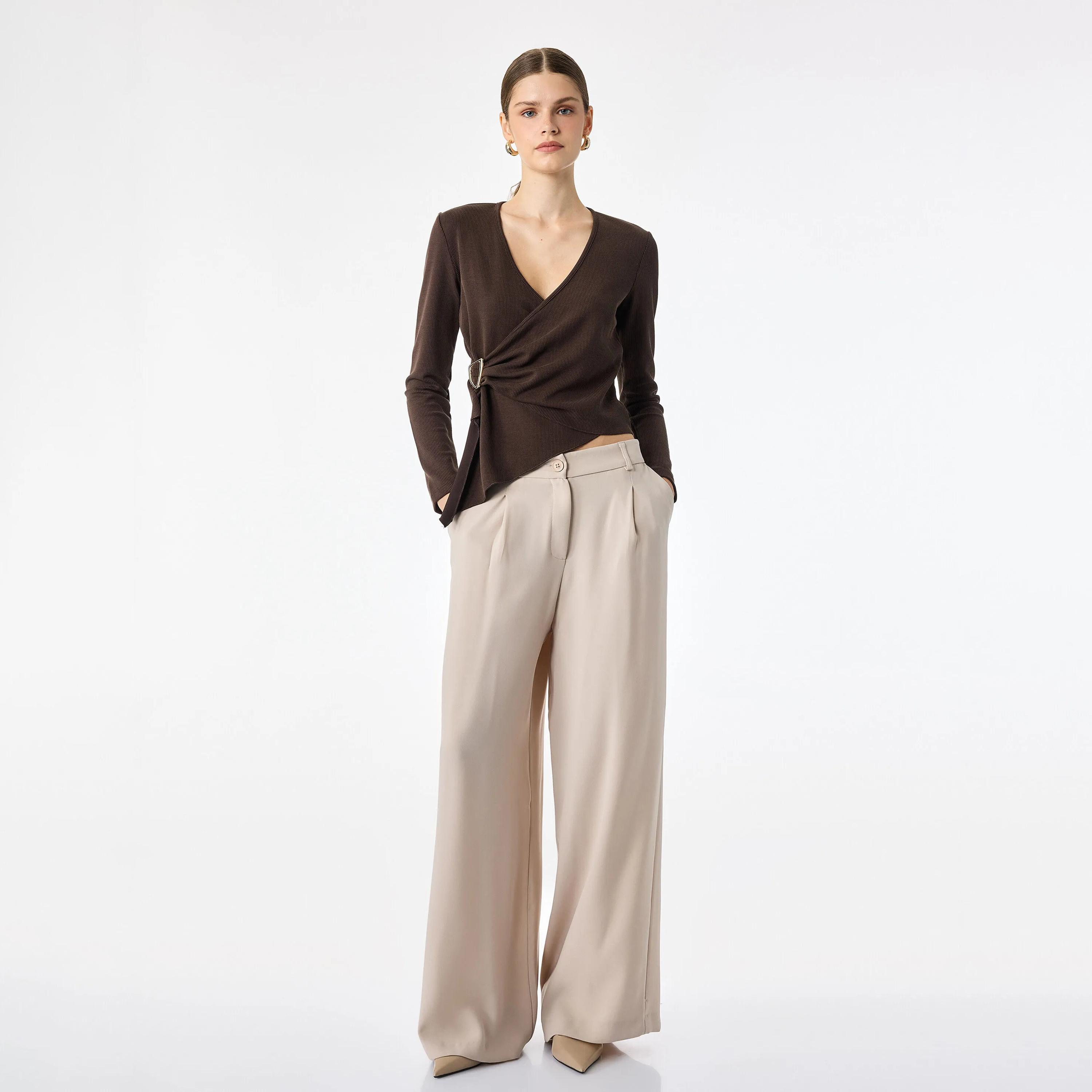 KOTON Brown Ribbed Surplice Neck Women's Wrap Top-women-clothing-shirtsandblouses-blouses-image-2