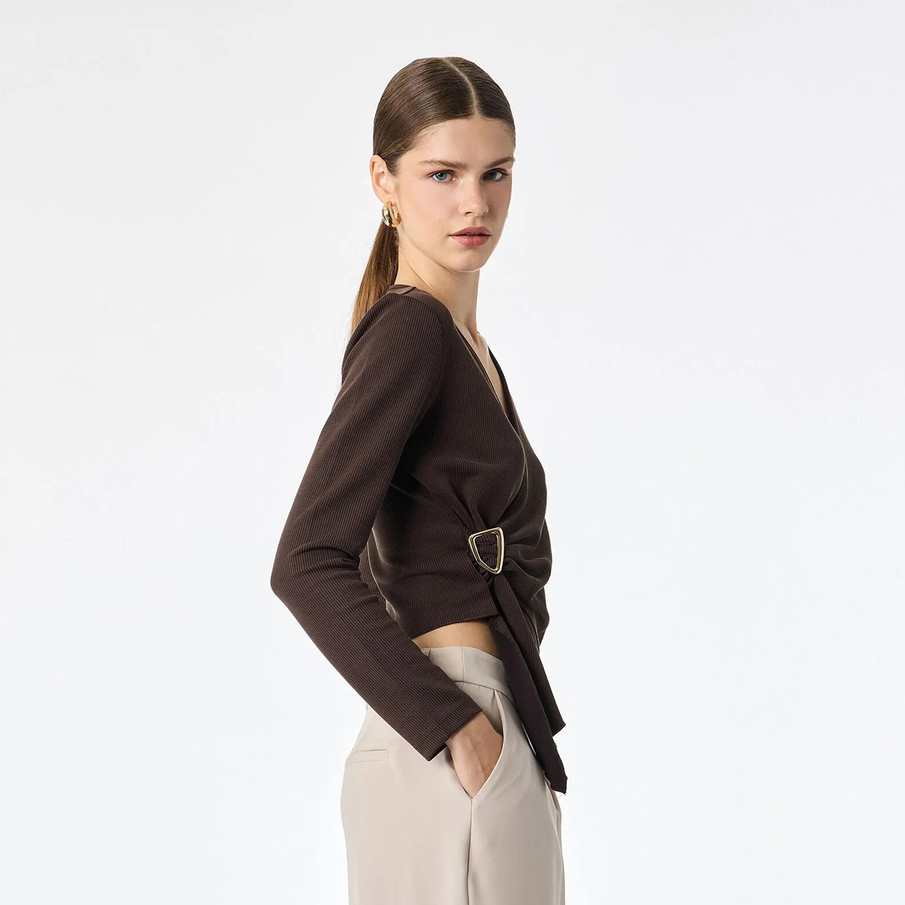 KOTON Brown Ribbed Surplice Neck Women's Wrap Top-women-clothing-shirtsandblouses-blouses-image-3