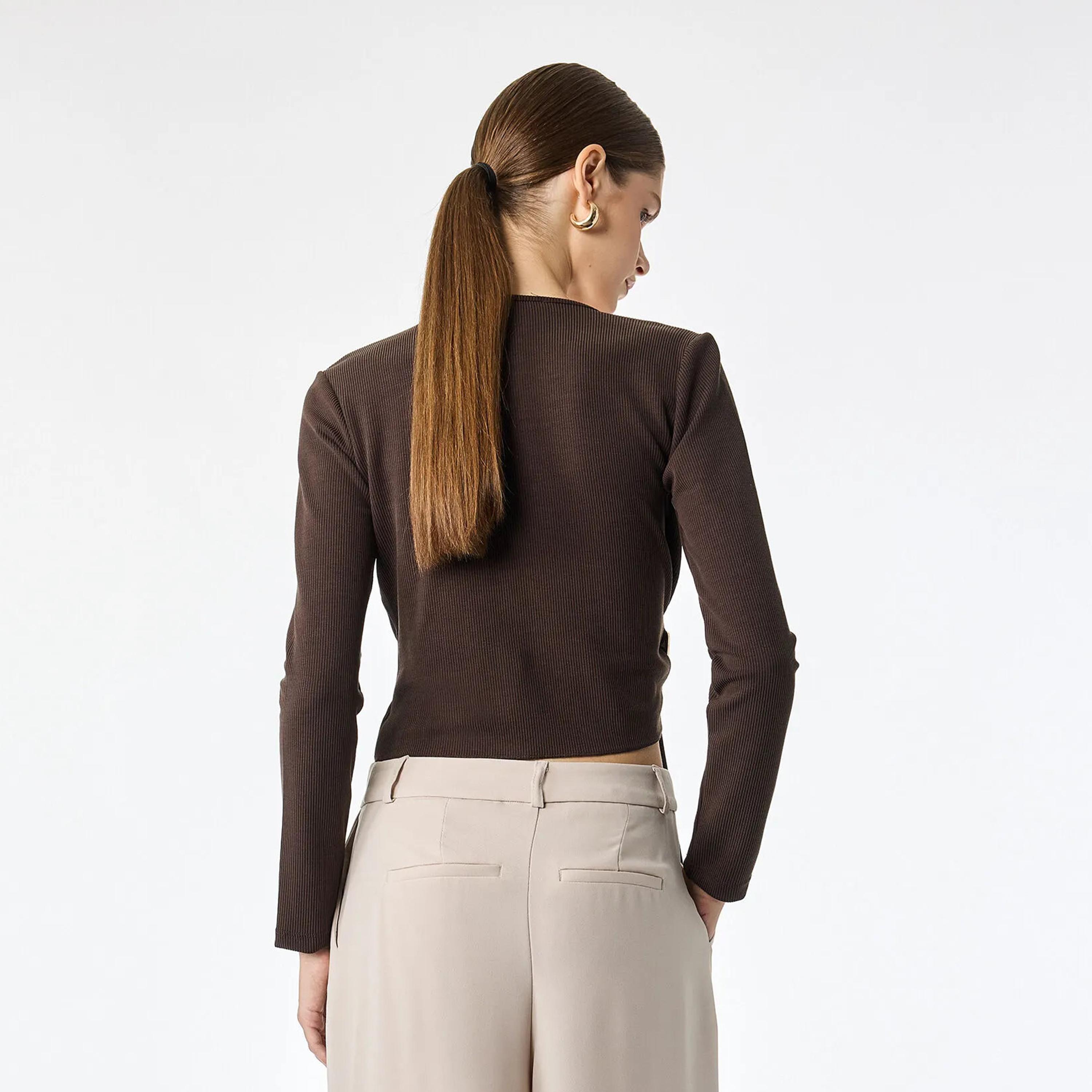 KOTON Brown Ribbed Surplice Neck Women's Wrap Top-women-clothing-shirtsandblouses-blouses-image-4