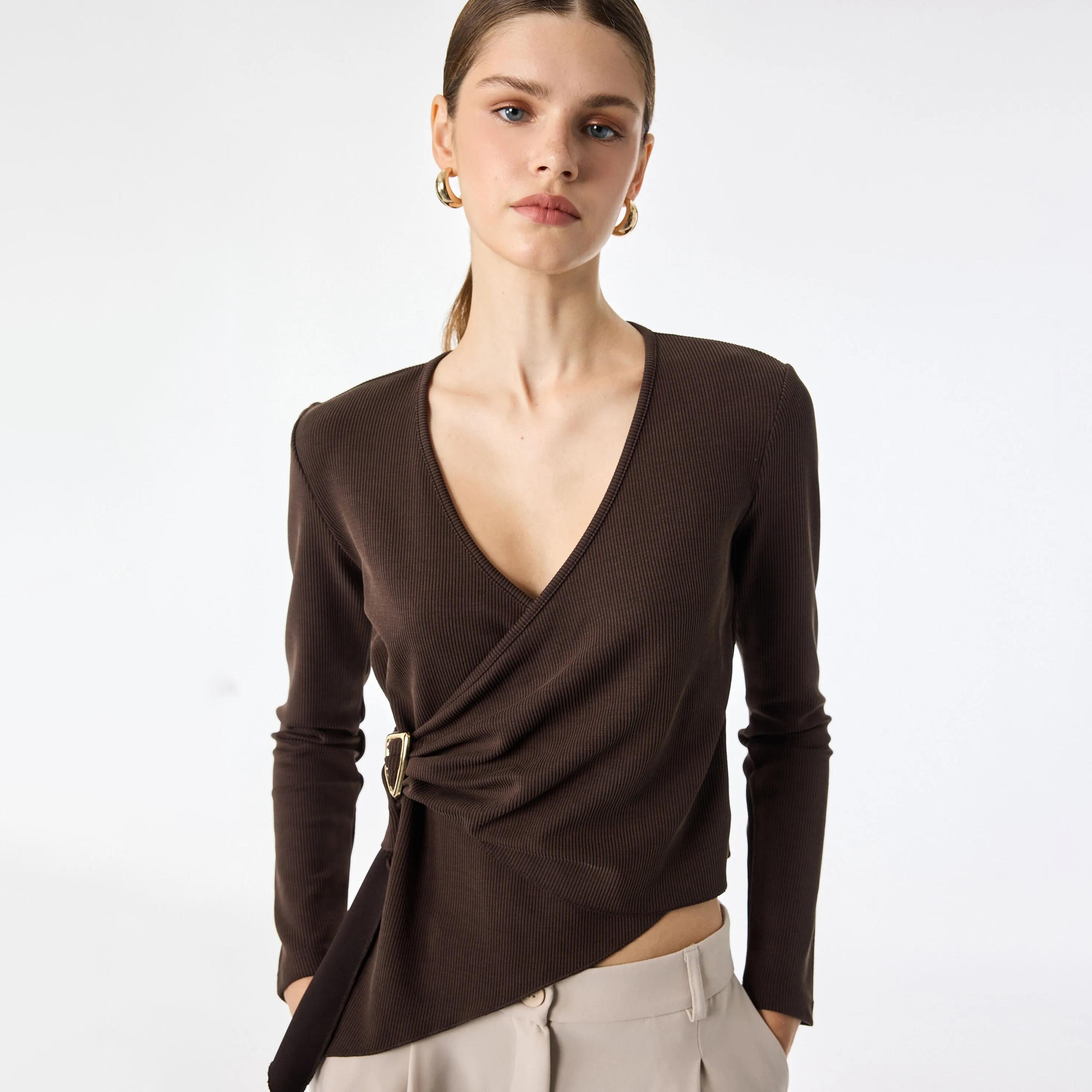 KOTON Brown Ribbed Surplice Neck Women's Wrap Top-women-clothing-shirtsandblouses-blouses-image-5