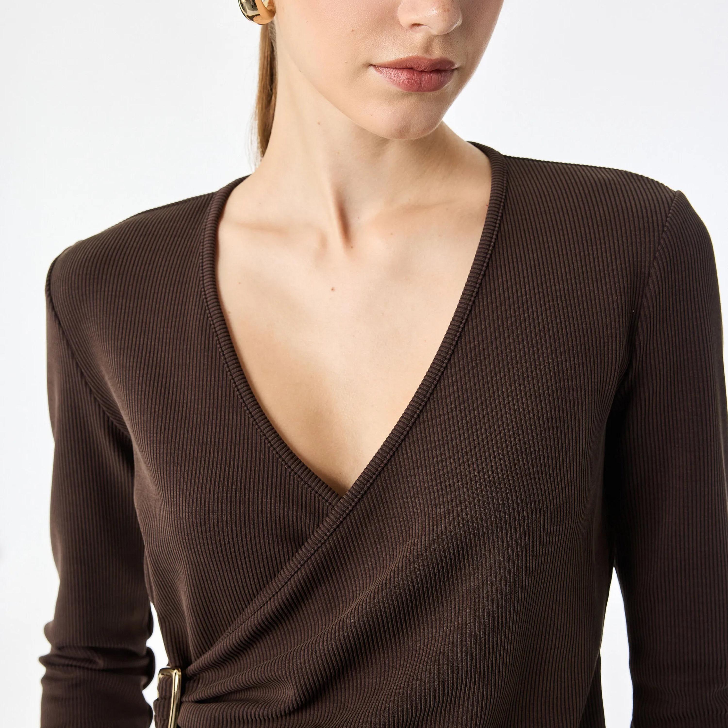 KOTON Brown Ribbed Surplice Neck Women's Wrap Top-women-clothing-shirtsandblouses-blouses-image-6