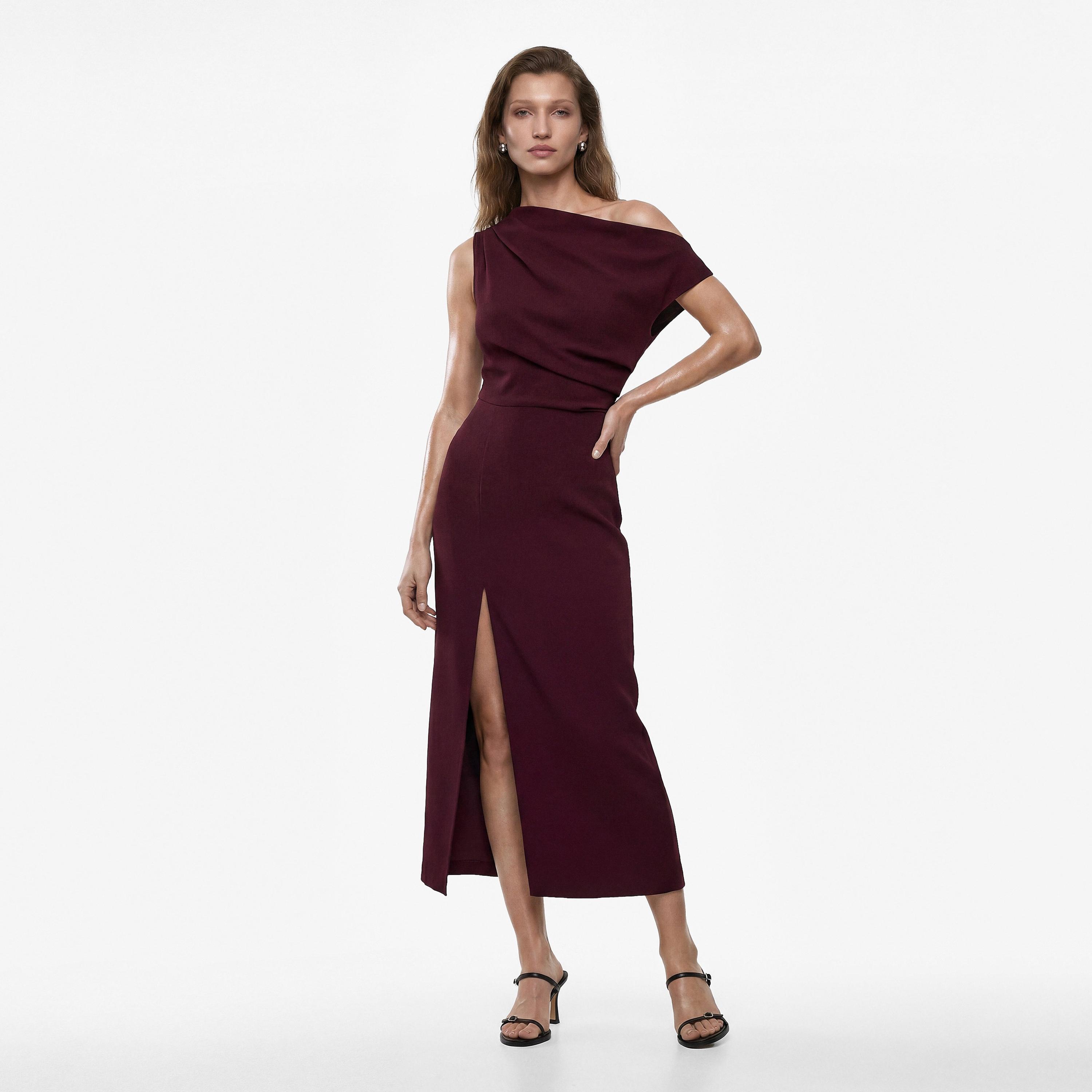 KOTON Burgundy Asymmetric Neck One-Shoulder Sleeve Column Women's Dress-women-clothing-dresses-image-1