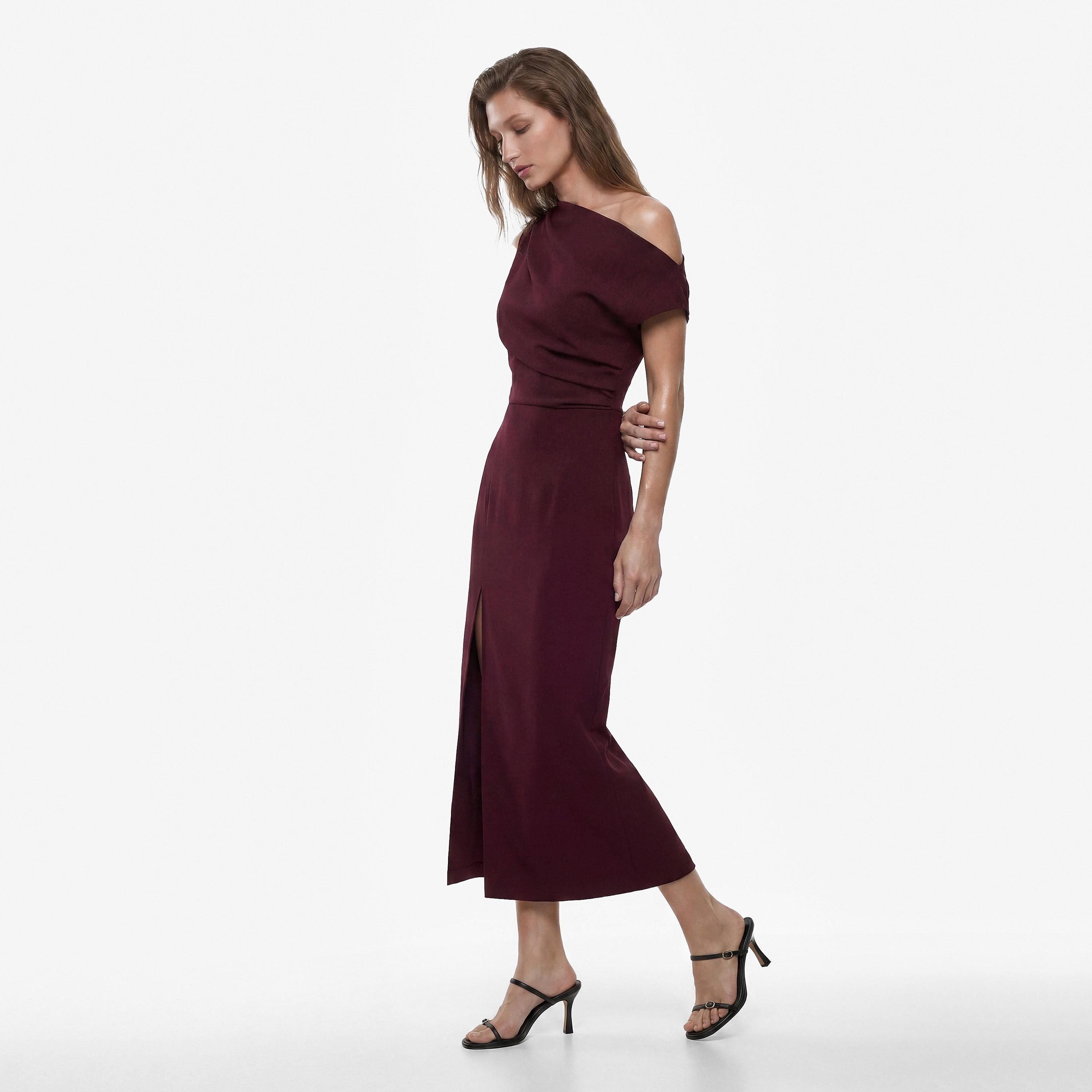 KOTON Burgundy Asymmetric Neck One-Shoulder Sleeve Column Women's Dress-women-clothing-dresses-image-2