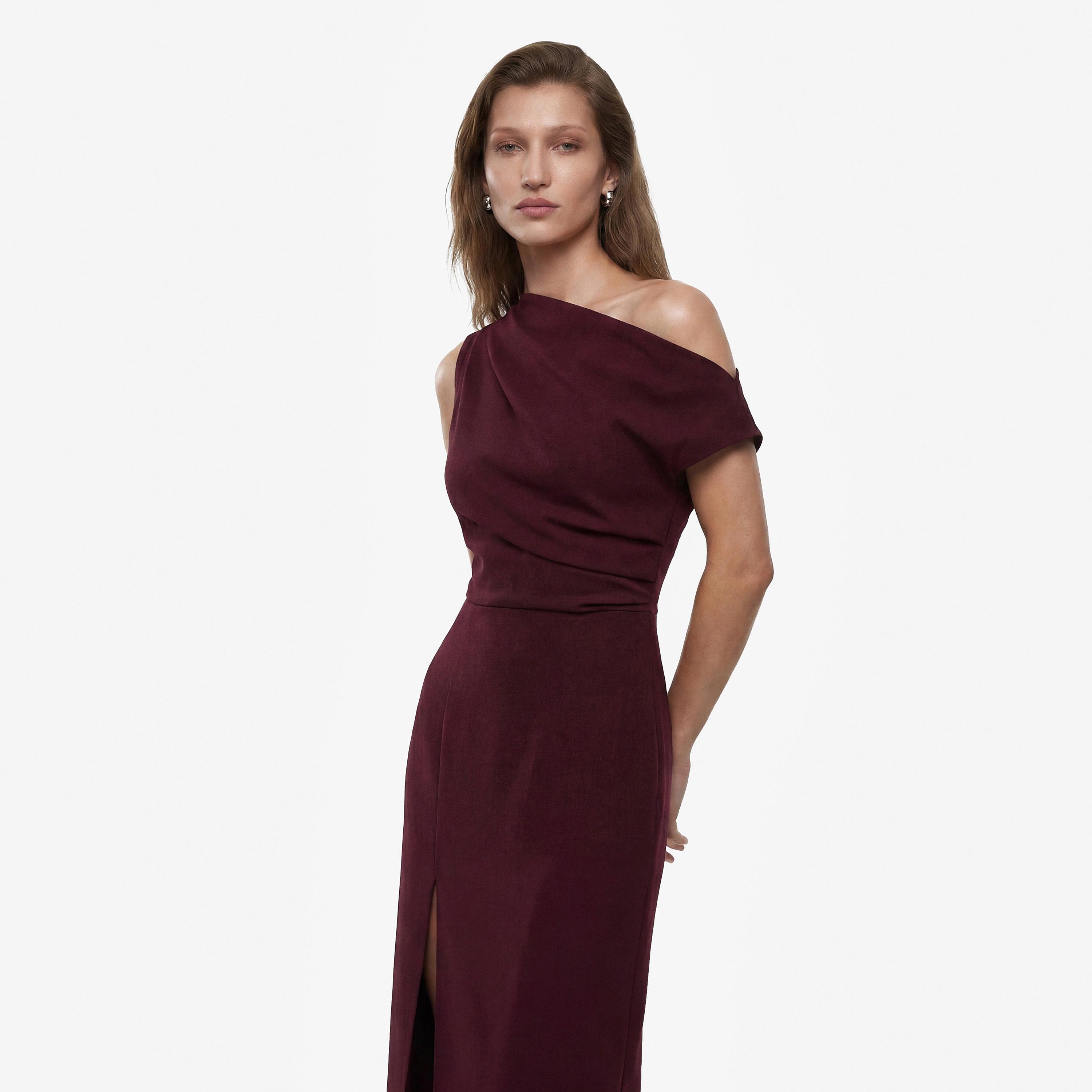 KOTON Burgundy Asymmetric Neck One-Shoulder Sleeve Column Women's Dress-women-clothing-dresses-image-3
