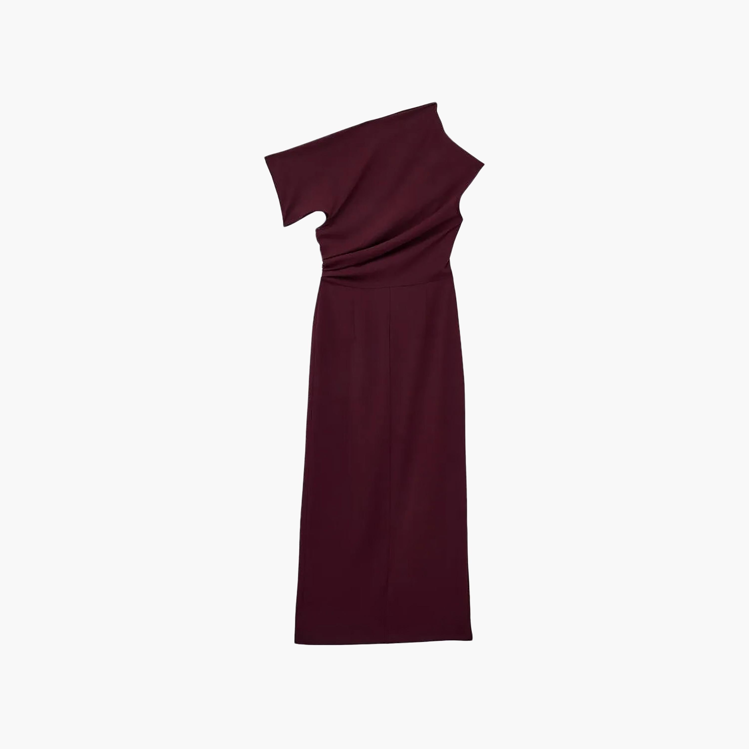 KOTON Burgundy Asymmetric Neck One-Shoulder Sleeve Column Women's Dress-women-clothing-dresses-image-4