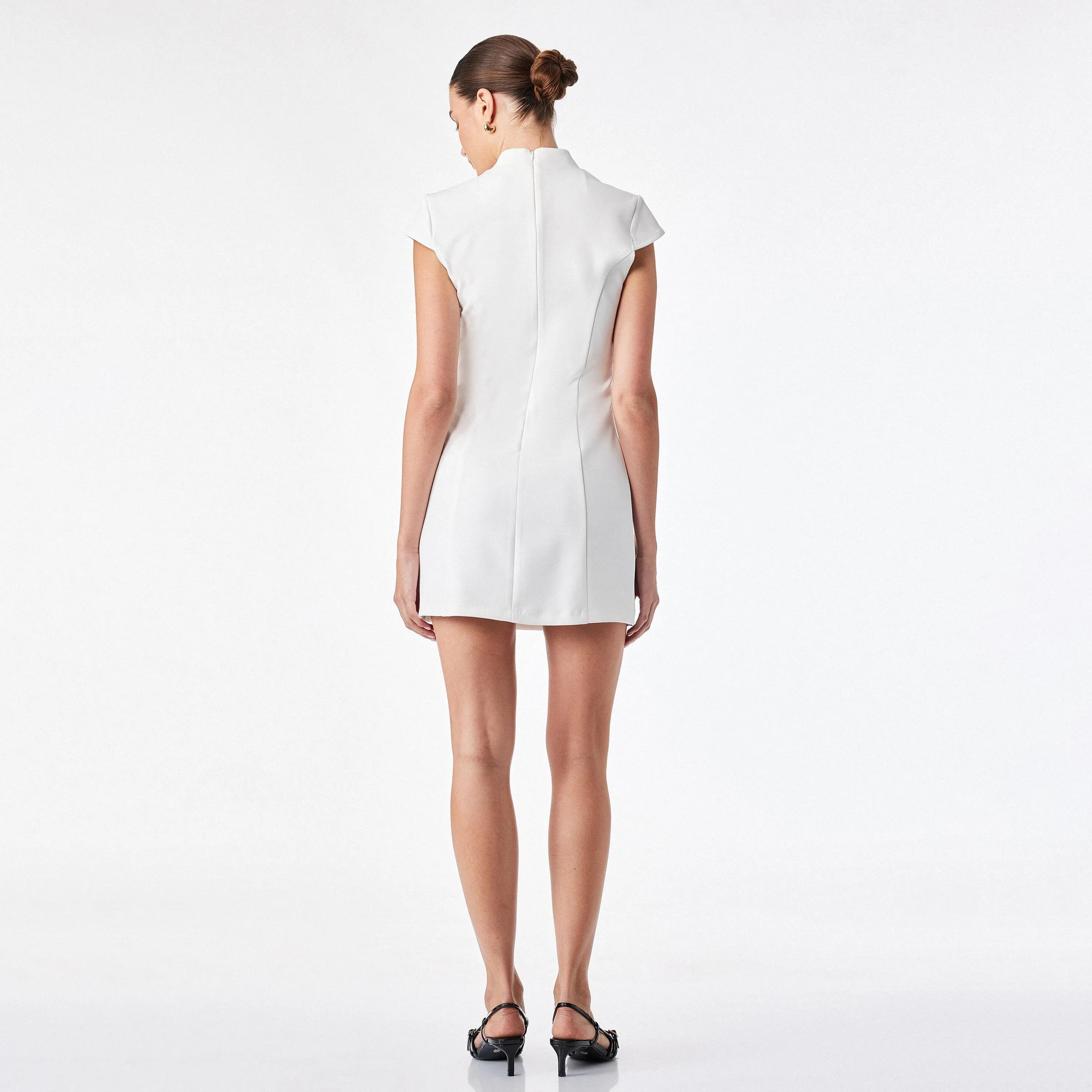 KOTON Beige Cotton Mandarin Collar Cap Sleeves Sheath Women's Mini Dress-women-clothing-dresses-image-3