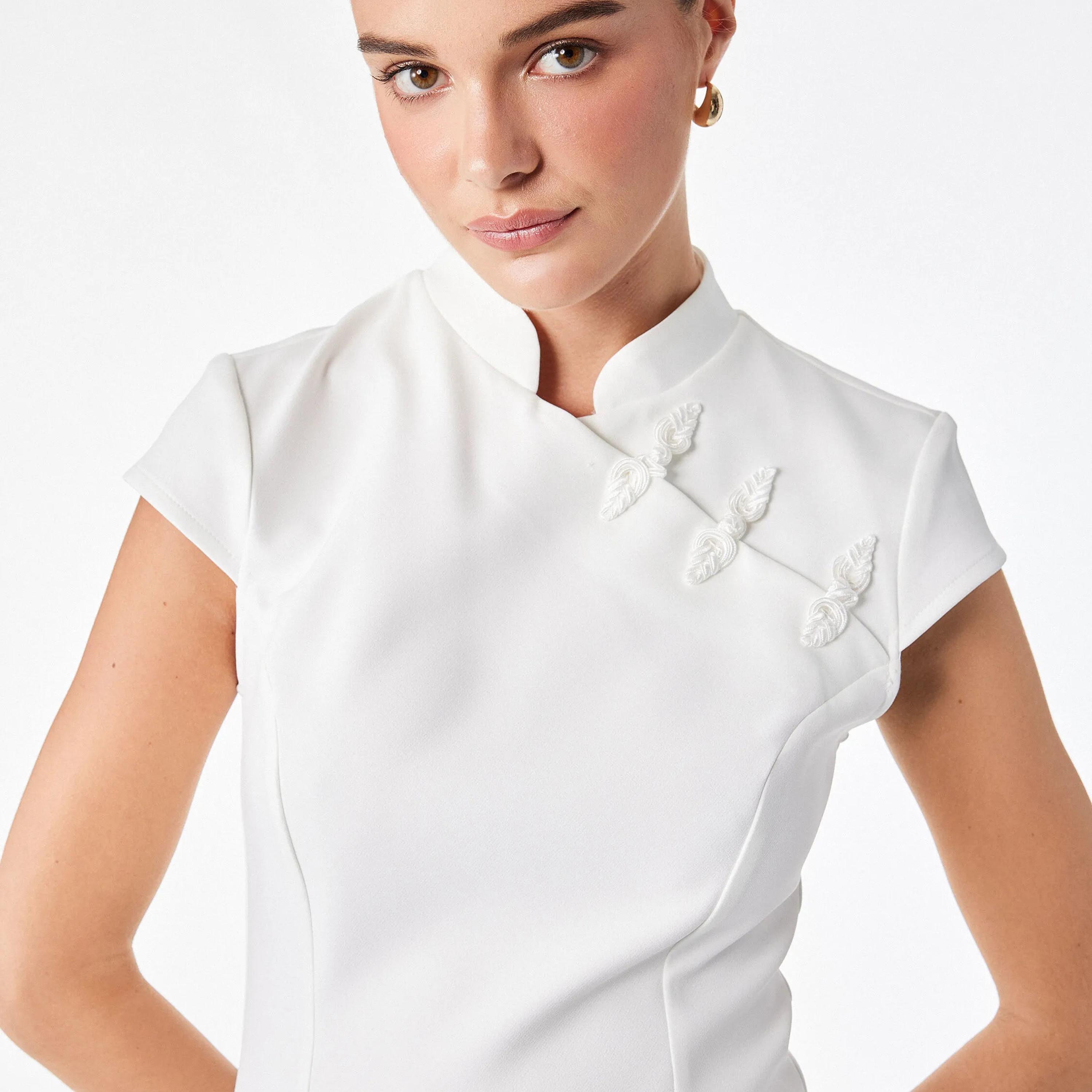KOTON Beige Cotton Mandarin Collar Cap Sleeves Sheath Women's Mini Dress-women-clothing-dresses-image-4