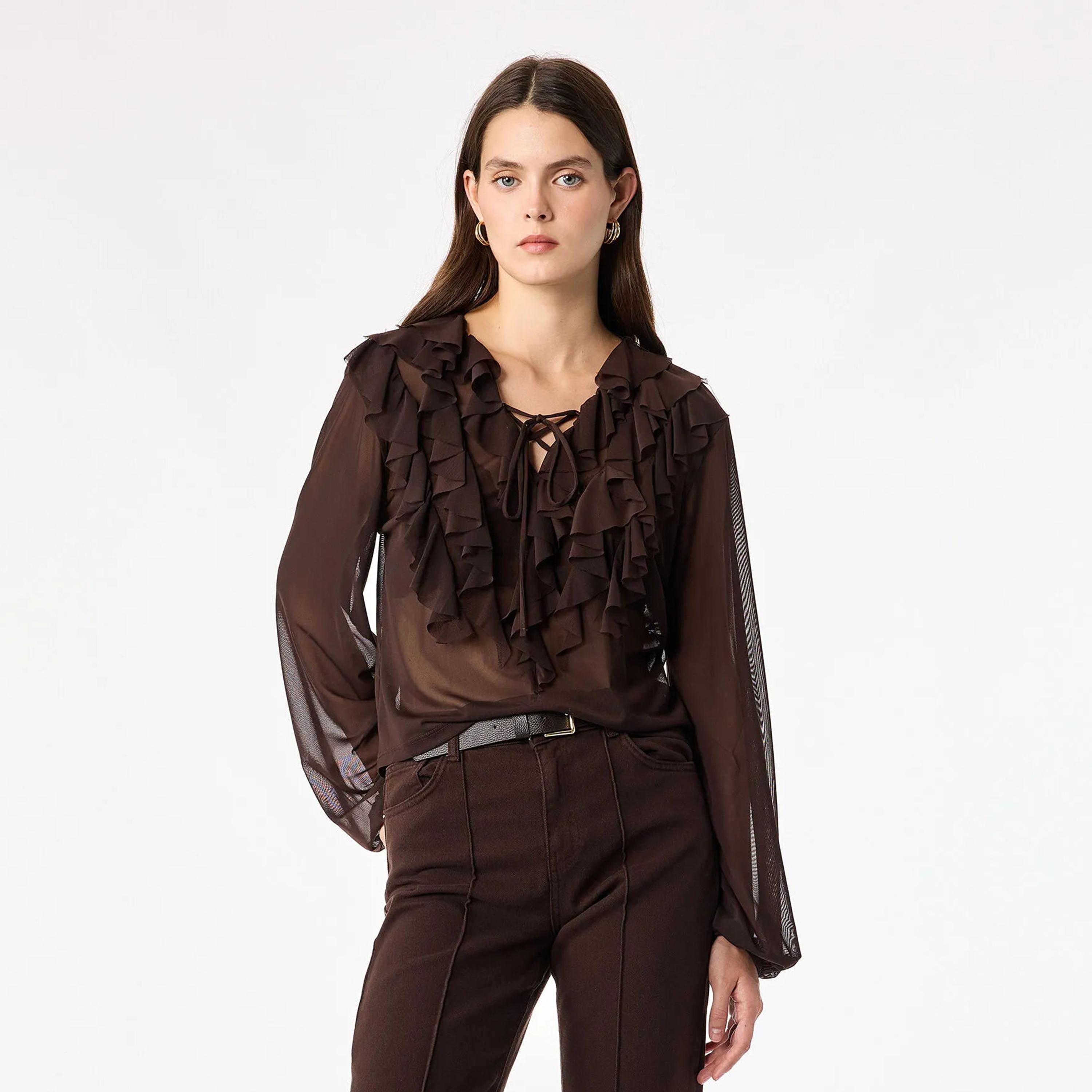 KOTON Brown Ruffled Tie-Up Neck Balloon Sleeves Women's Top-women-clothing-shirtsandblouses-blouses-image-1
