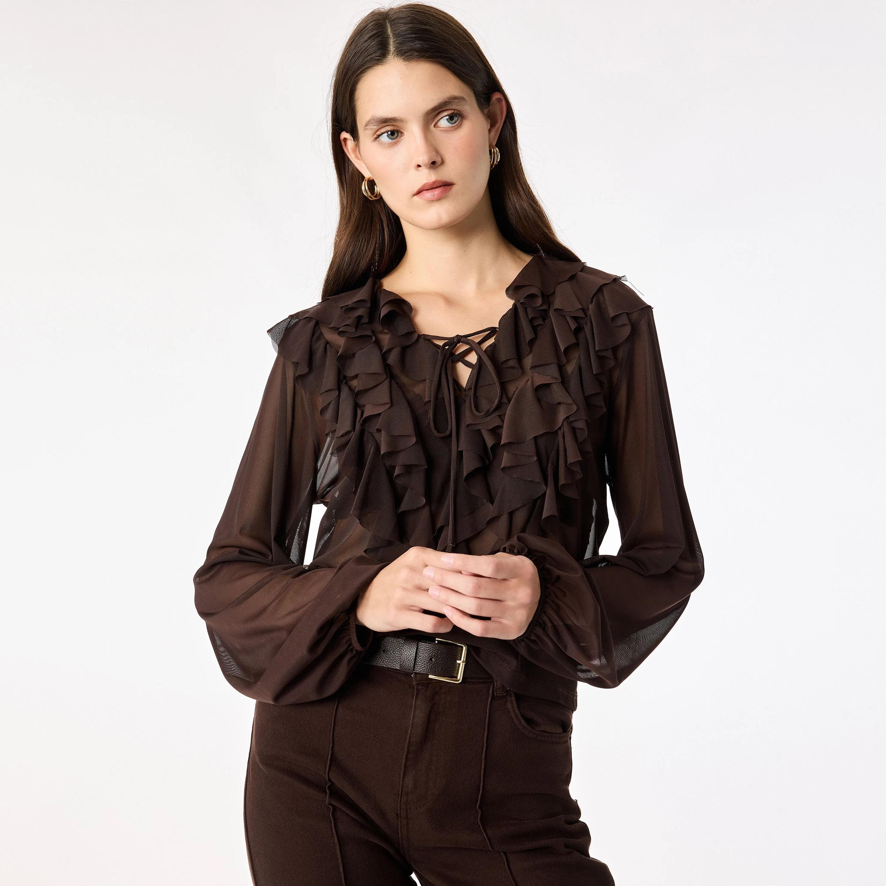 KOTON Brown Ruffled Tie-Up Neck Balloon Sleeves Women's Top-women-clothing-shirtsandblouses-blouses-image-5