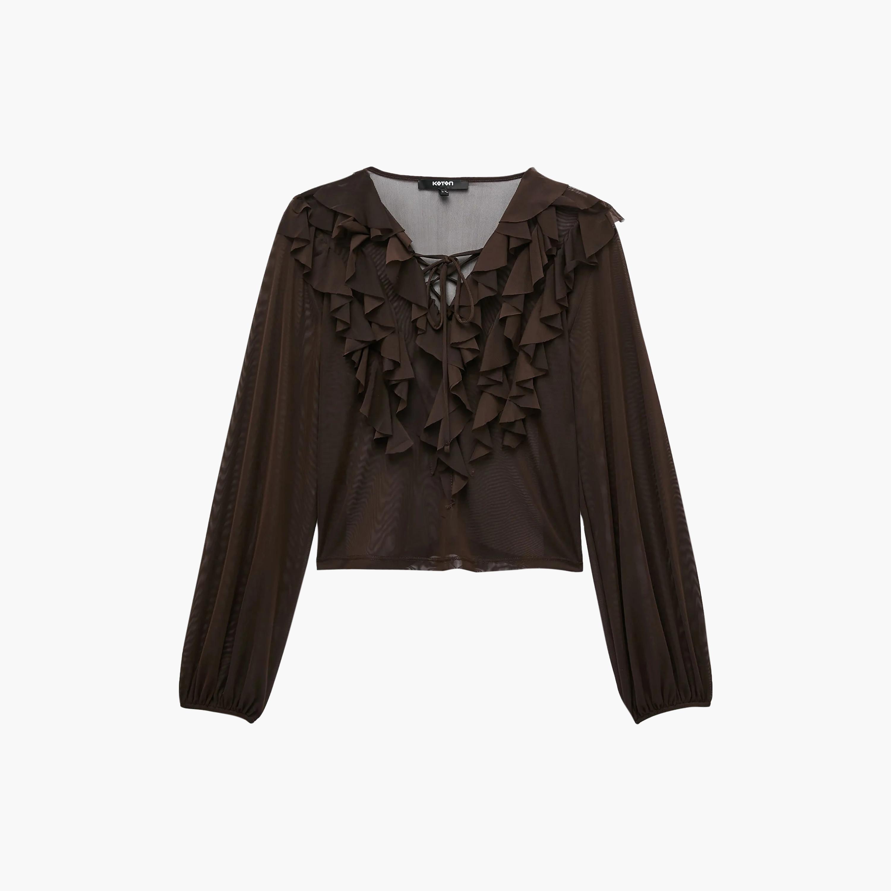 KOTON Brown Ruffled Tie-Up Neck Balloon Sleeves Women's Top-women-clothing-shirtsandblouses-blouses-image-6