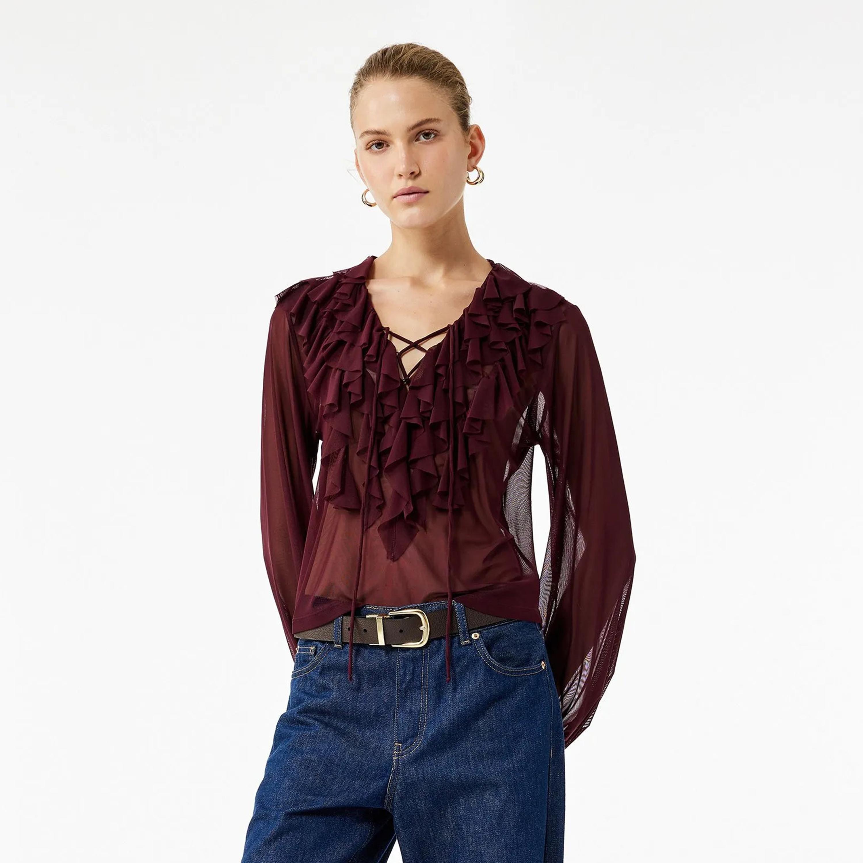 توب حريمي بني بكشكشة ورقبة برباط وأكمام بالون من كوتون-women-clothing-shirtsandblouses-blouses-image-7