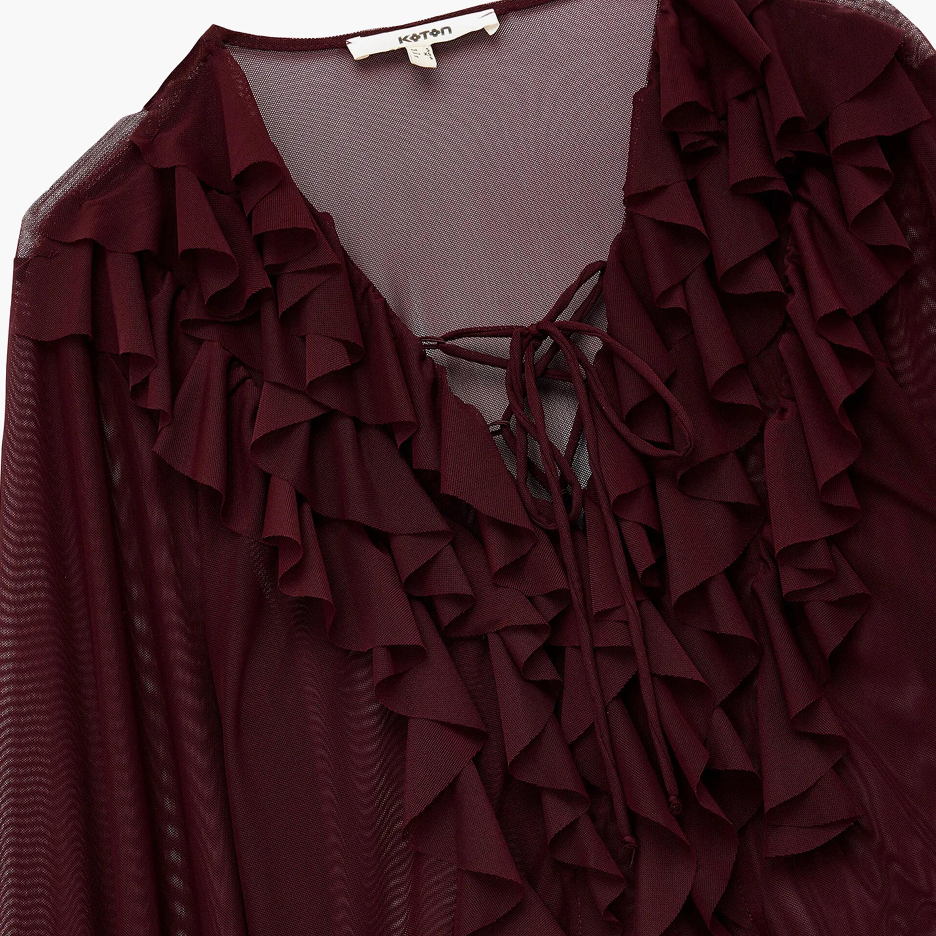توب حريمي بني بكشكشة ورقبة برباط وأكمام بالون من كوتون-women-clothing-shirtsandblouses-blouses-image-10