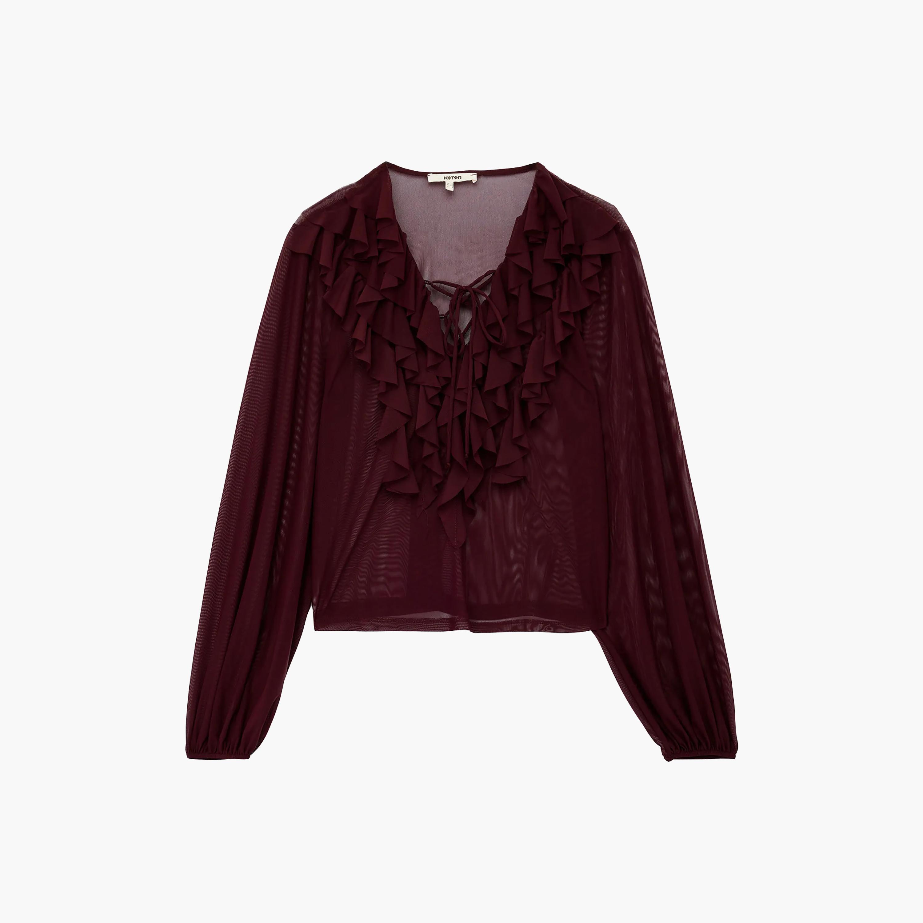 توب حريمي بني بكشكشة ورقبة برباط وأكمام بالون من كوتون-women-clothing-shirtsandblouses-blouses-image-11