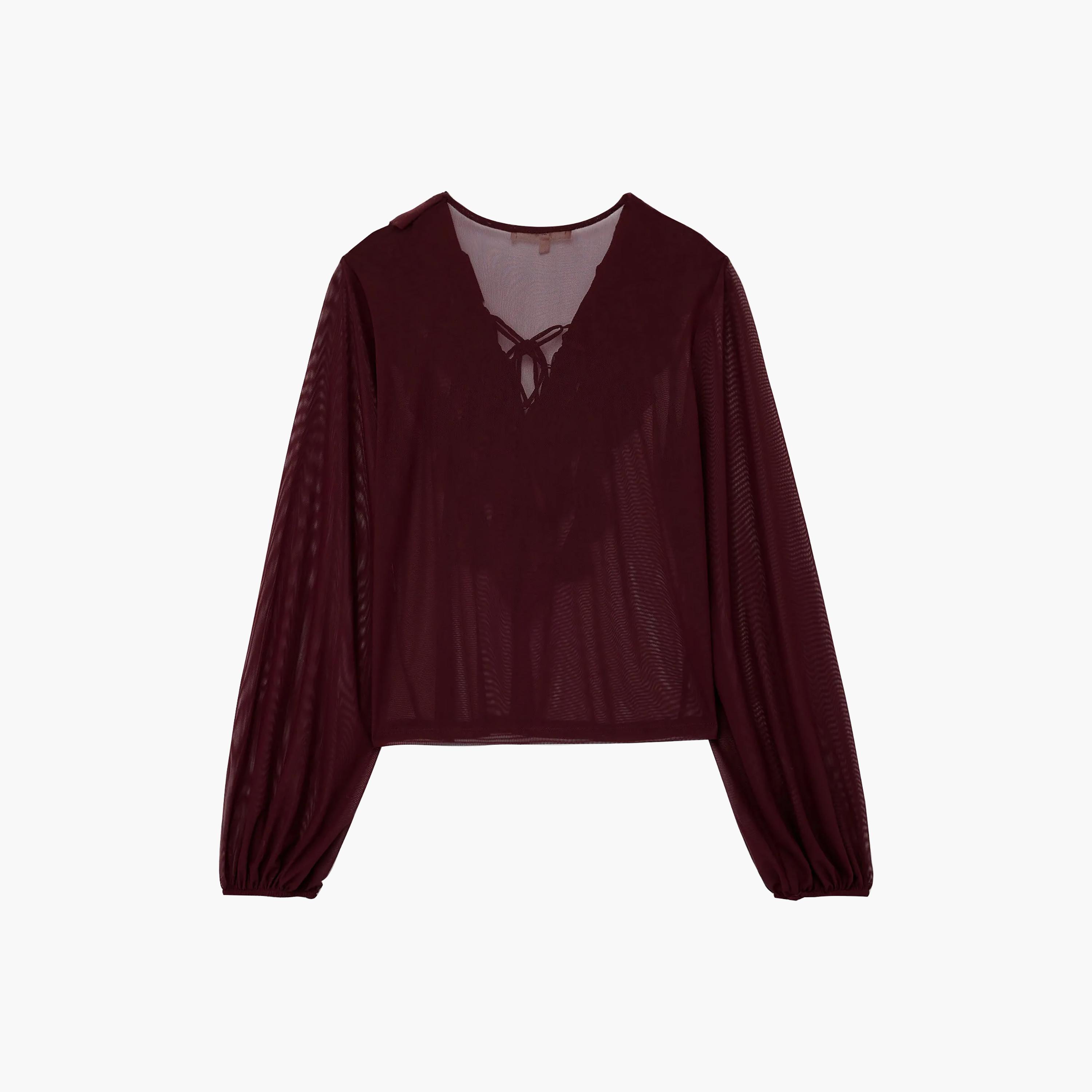 توب حريمي بني بكشكشة ورقبة برباط وأكمام بالون من كوتون-women-clothing-shirtsandblouses-blouses-image-12