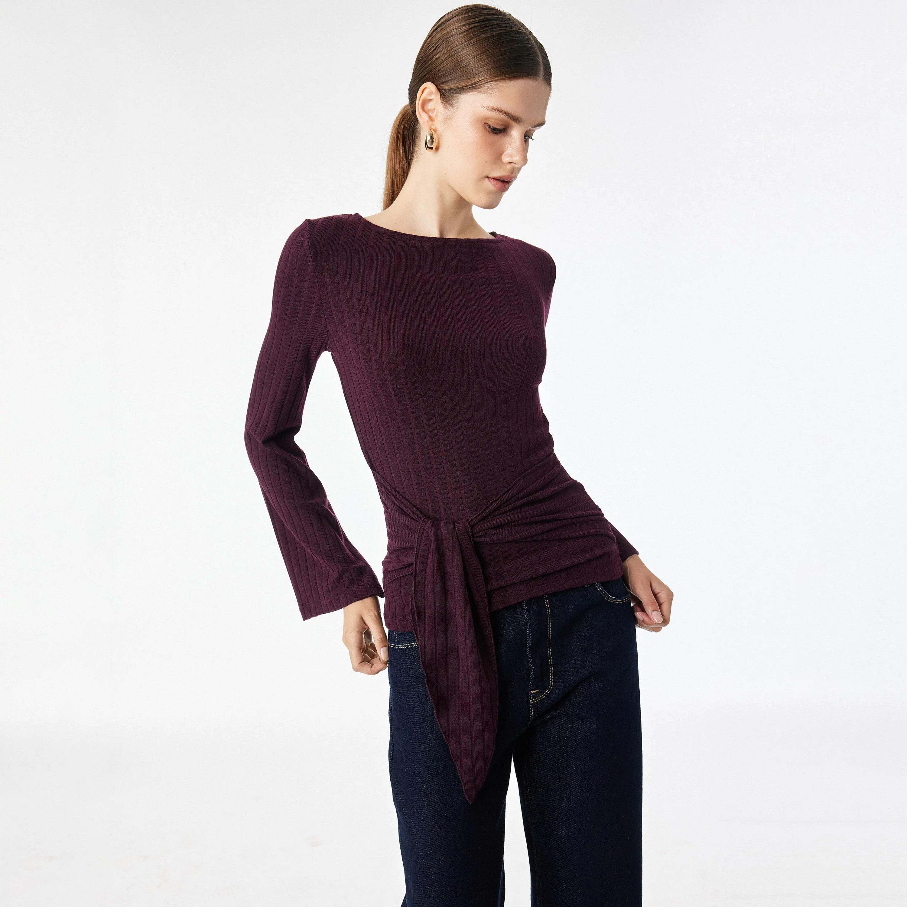 KOTON Burgundy Ribbed Flared Sleeves Women's Knot Detailed Top-women-clothing-shirtsandblouses-blouses-image-1