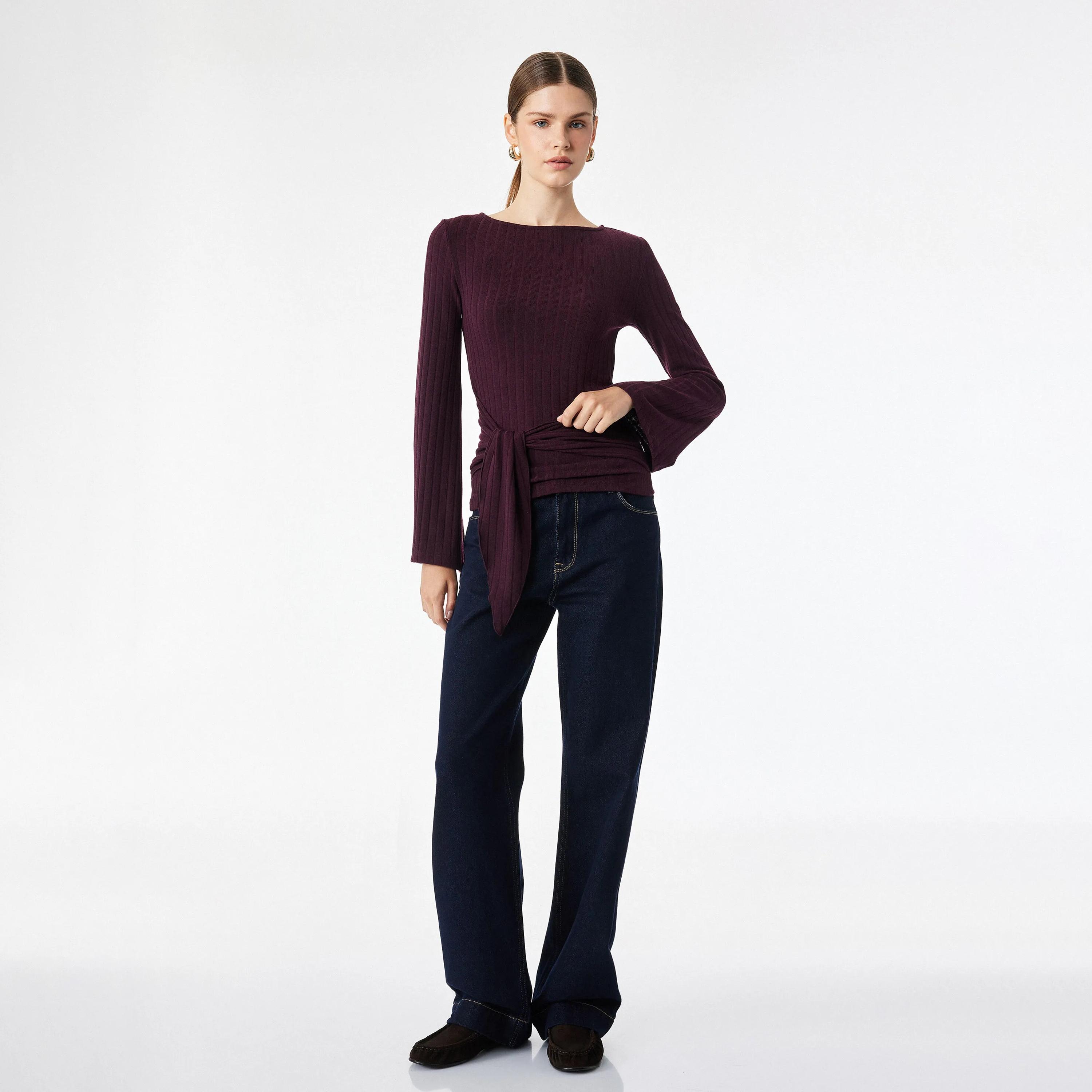 KOTON Burgundy Ribbed Flared Sleeves Women's Knot Detailed Top-women-clothing-shirtsandblouses-blouses-image-2
