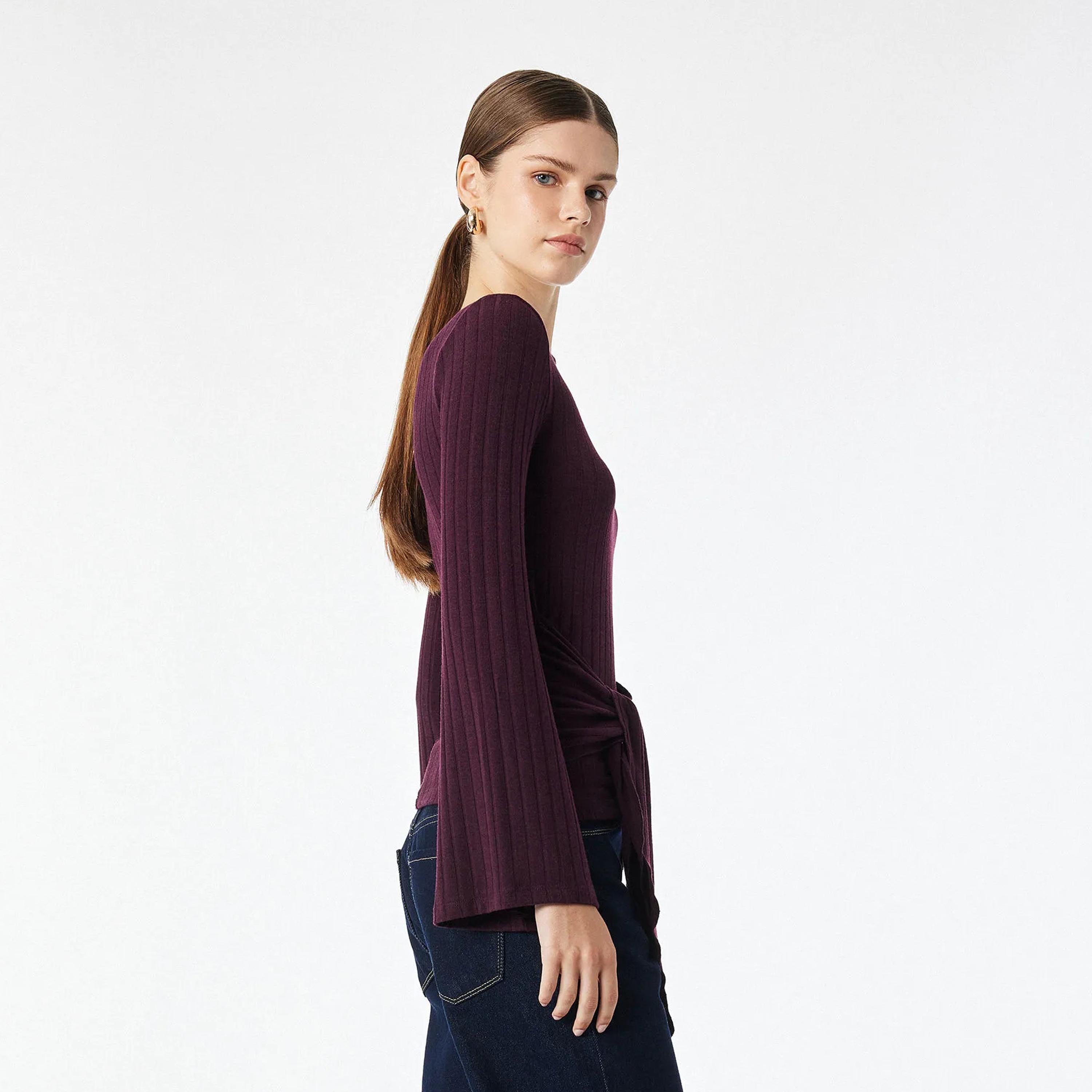 KOTON Burgundy Ribbed Flared Sleeves Women's Knot Detailed Top-women-clothing-shirtsandblouses-blouses-image-3