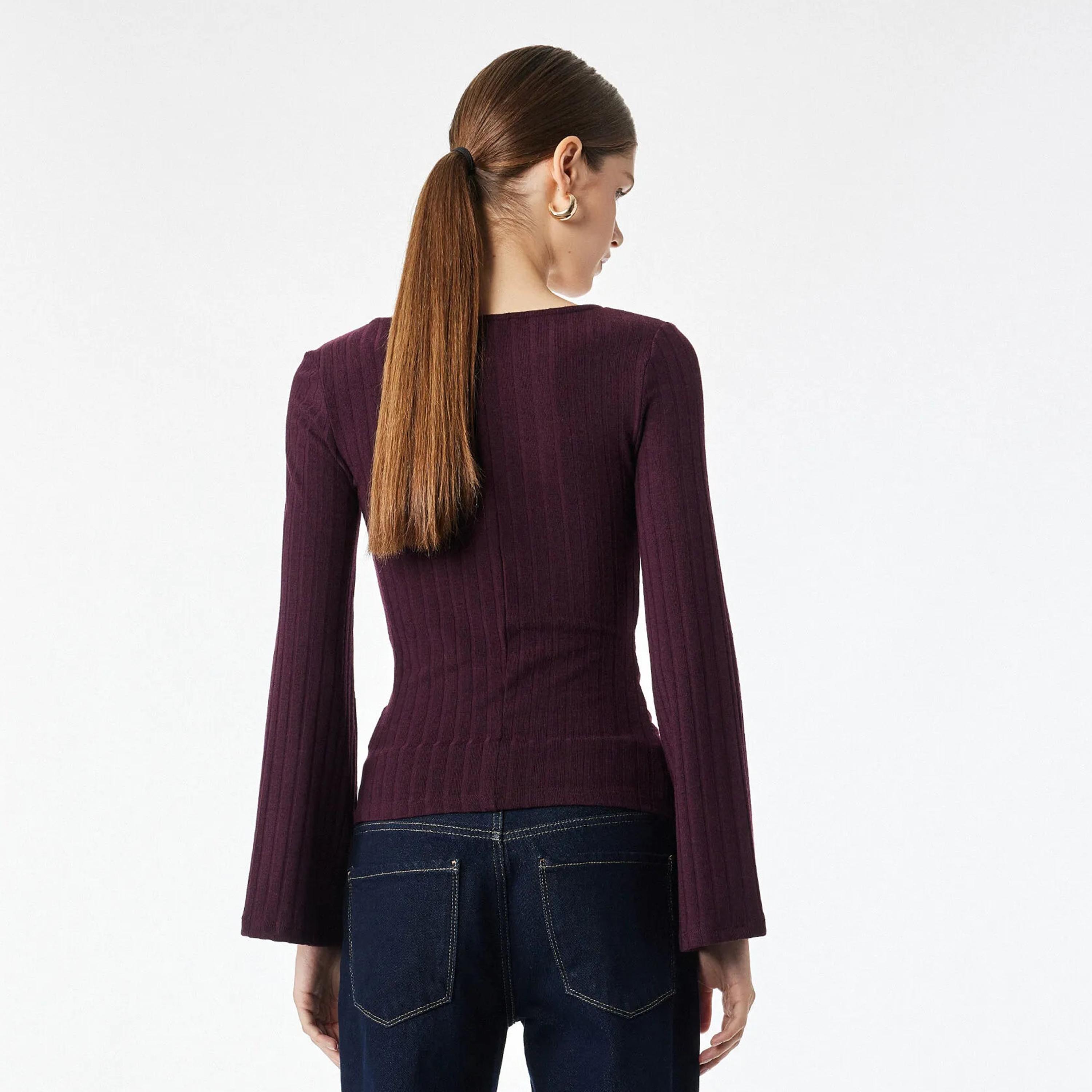 KOTON Burgundy Ribbed Flared Sleeves Women's Knot Detailed Top-women-clothing-shirtsandblouses-blouses-image-4