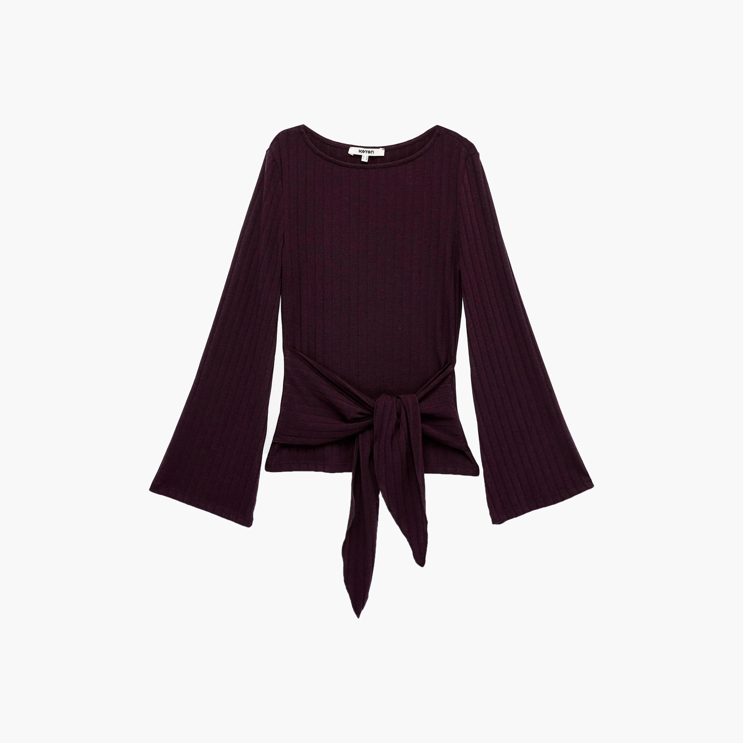 KOTON Burgundy Ribbed Flared Sleeves Women's Knot Detailed Top-women-clothing-shirtsandblouses-blouses-image-5