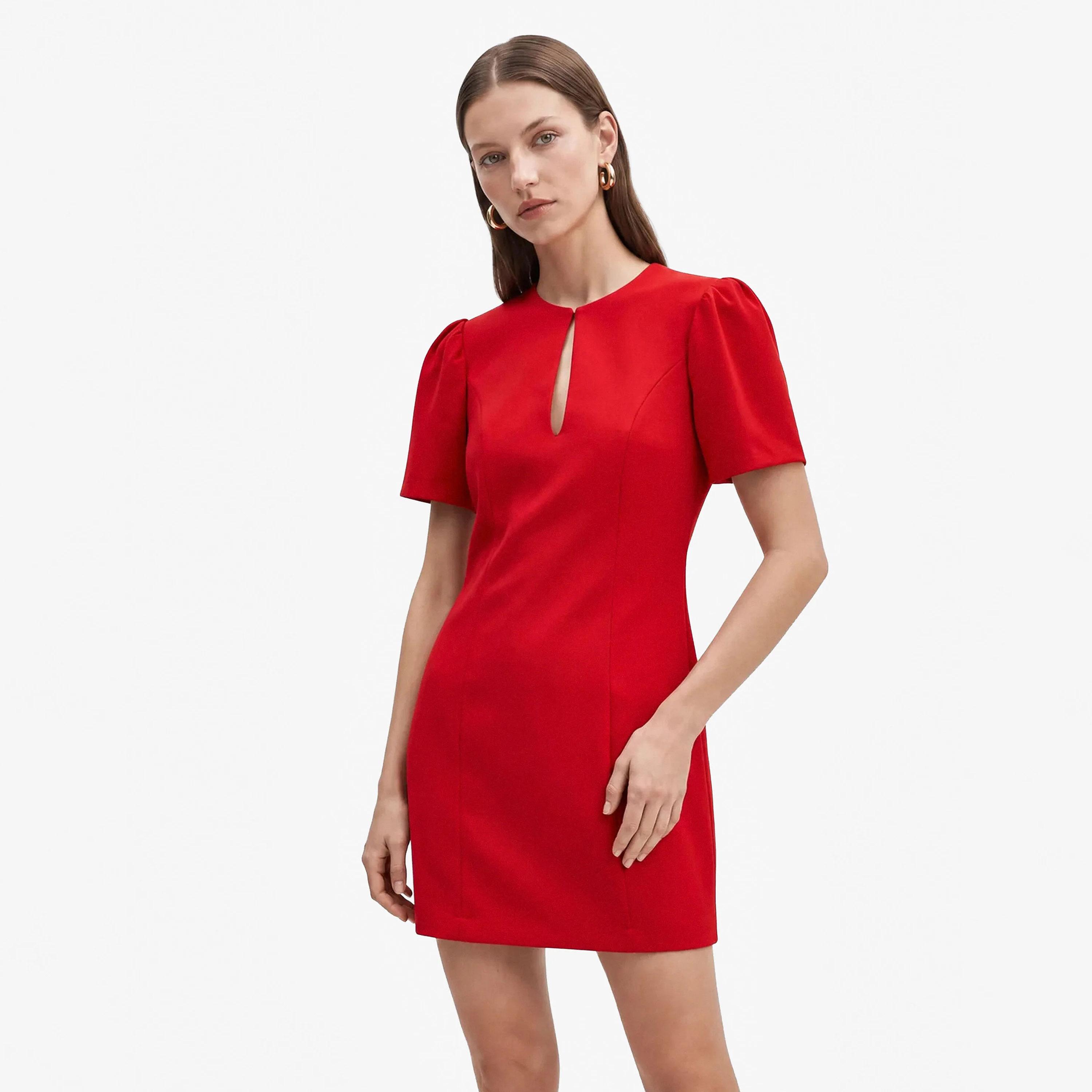 فستان ميني حريمي بقصة شيفت أحمر بأكمام منتفخة وفتحة رقبة كي هول من كوتون-women-clothing-dresses-image-2