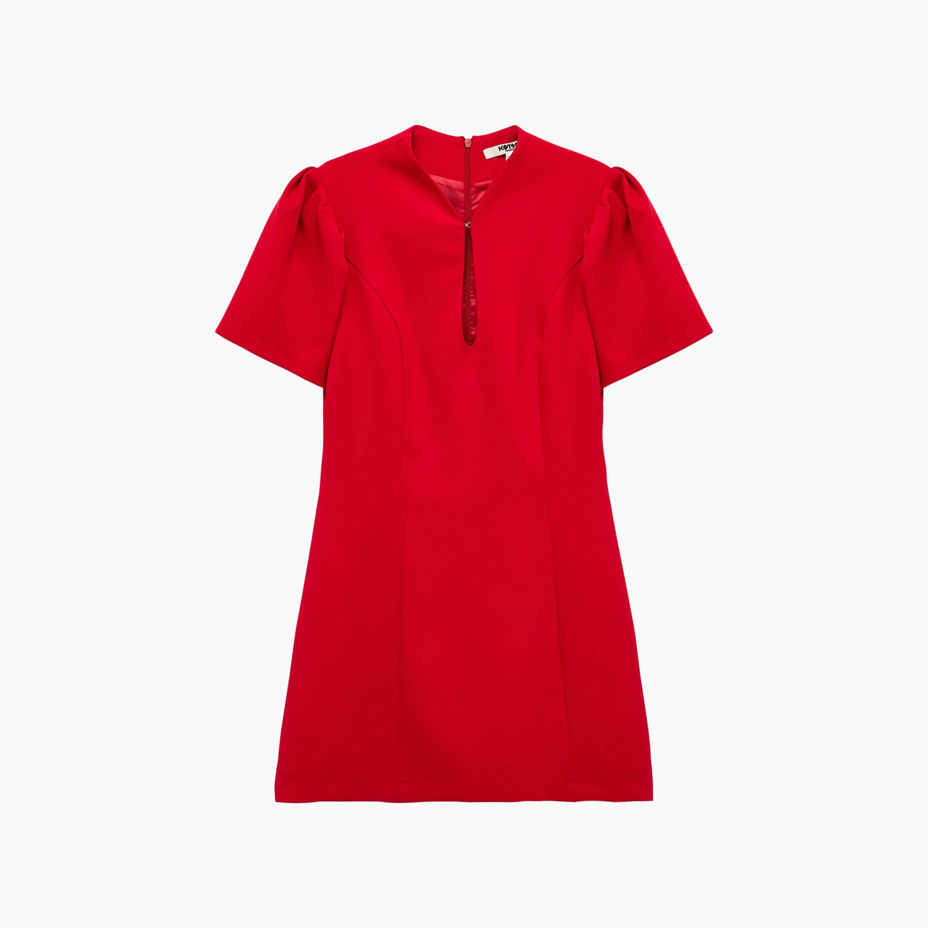 فستان ميني حريمي بقصة شيفت أحمر بأكمام منتفخة وفتحة رقبة كي هول من كوتون-women-clothing-dresses-image-4