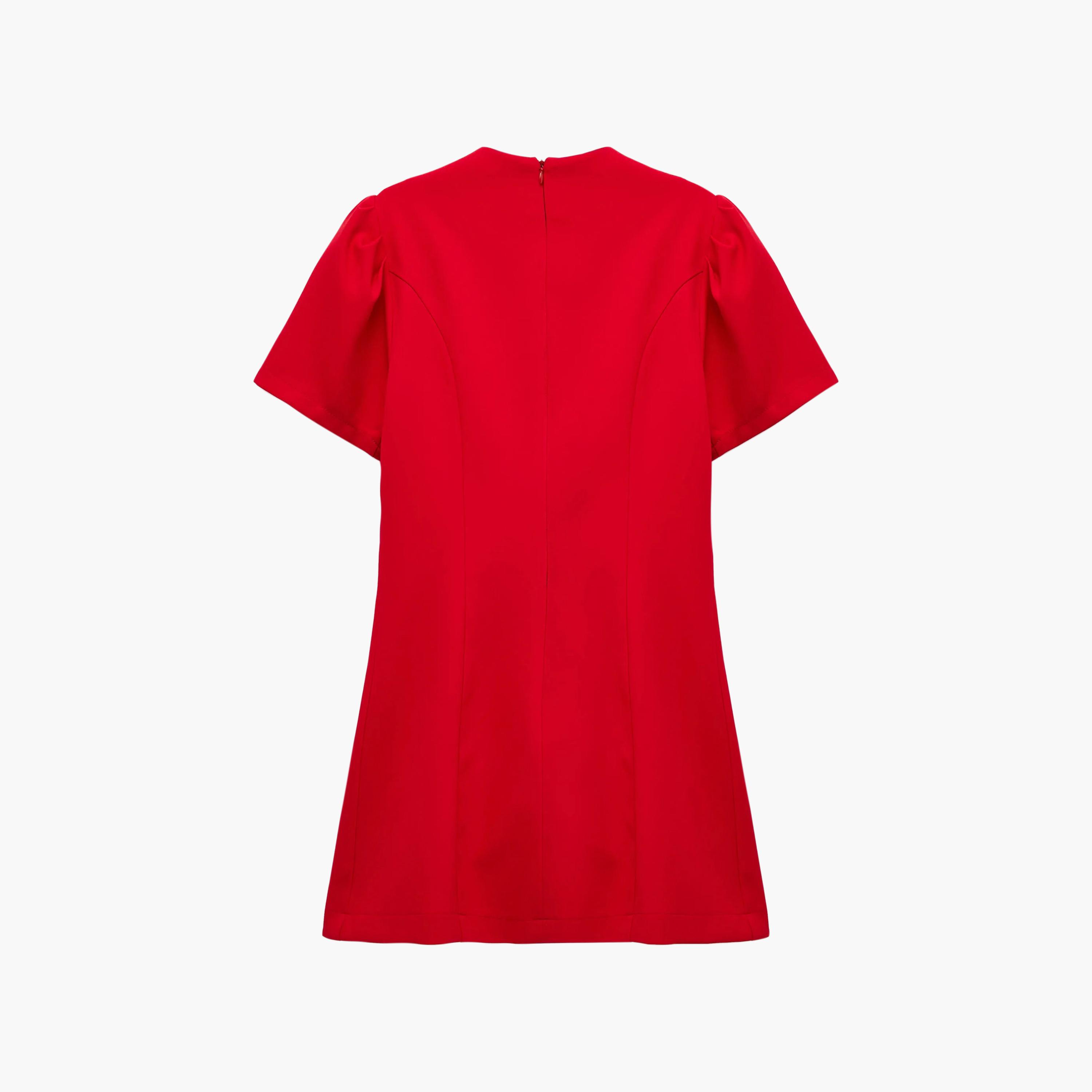 فستان ميني حريمي بقصة شيفت أحمر بأكمام منتفخة وفتحة رقبة كي هول من كوتون-women-clothing-dresses-image-5