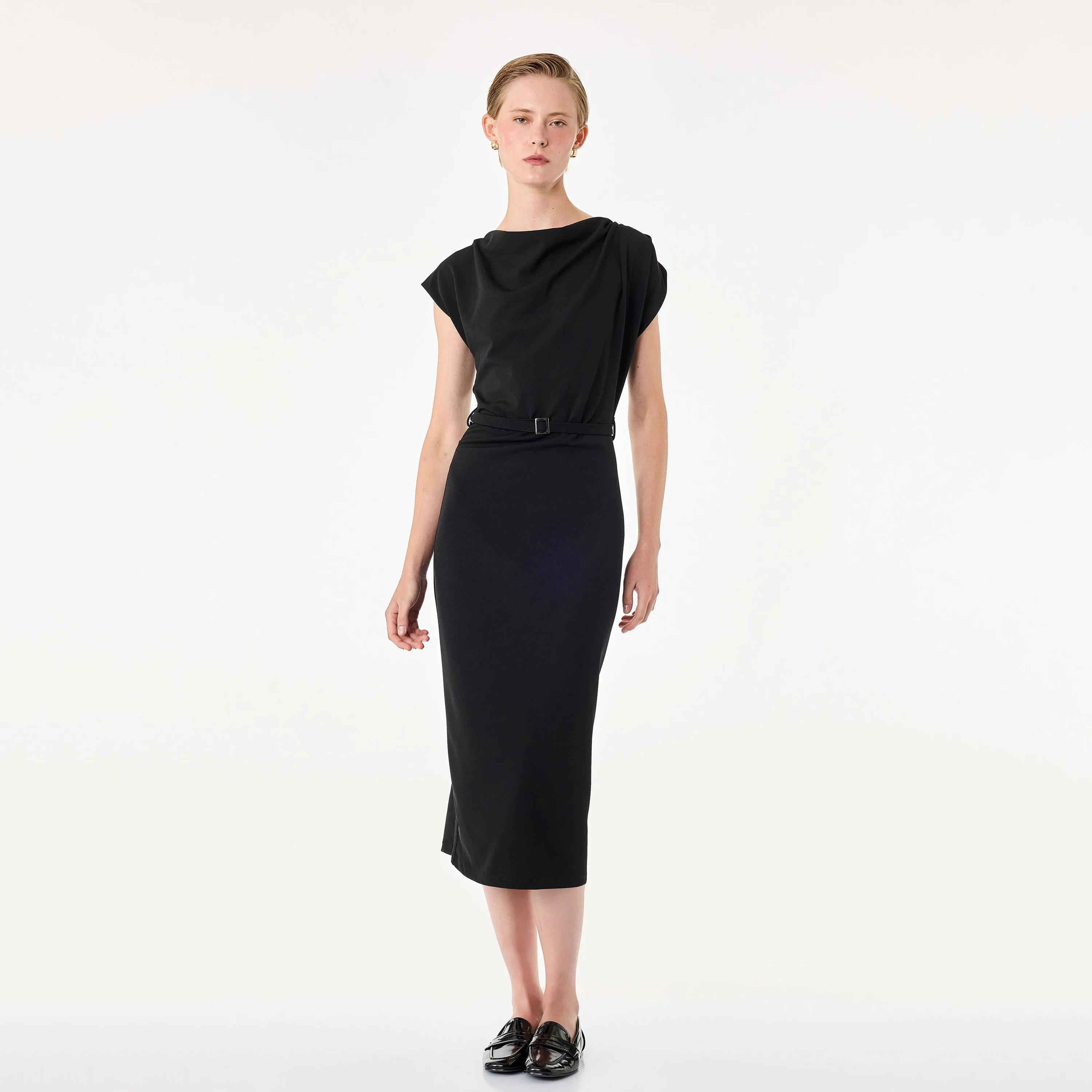 KOTON Black Cowl Neck Bodycon Women's Midi Dress-women-clothing-dresses-image-1