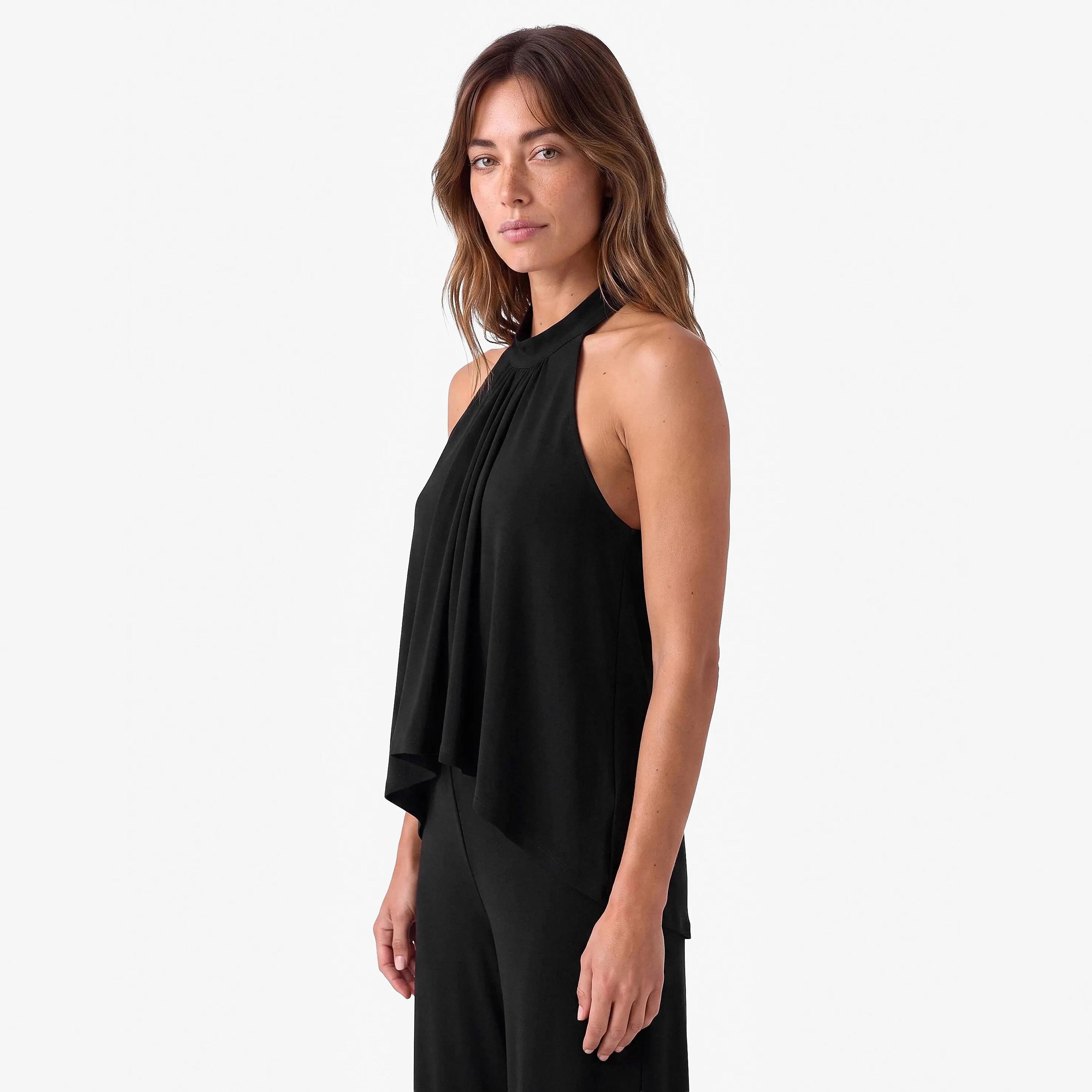 جمبسوت حريمي قطن أسود برقبة هالتر من كوتون-women-clothing-jumpsuits-image-2