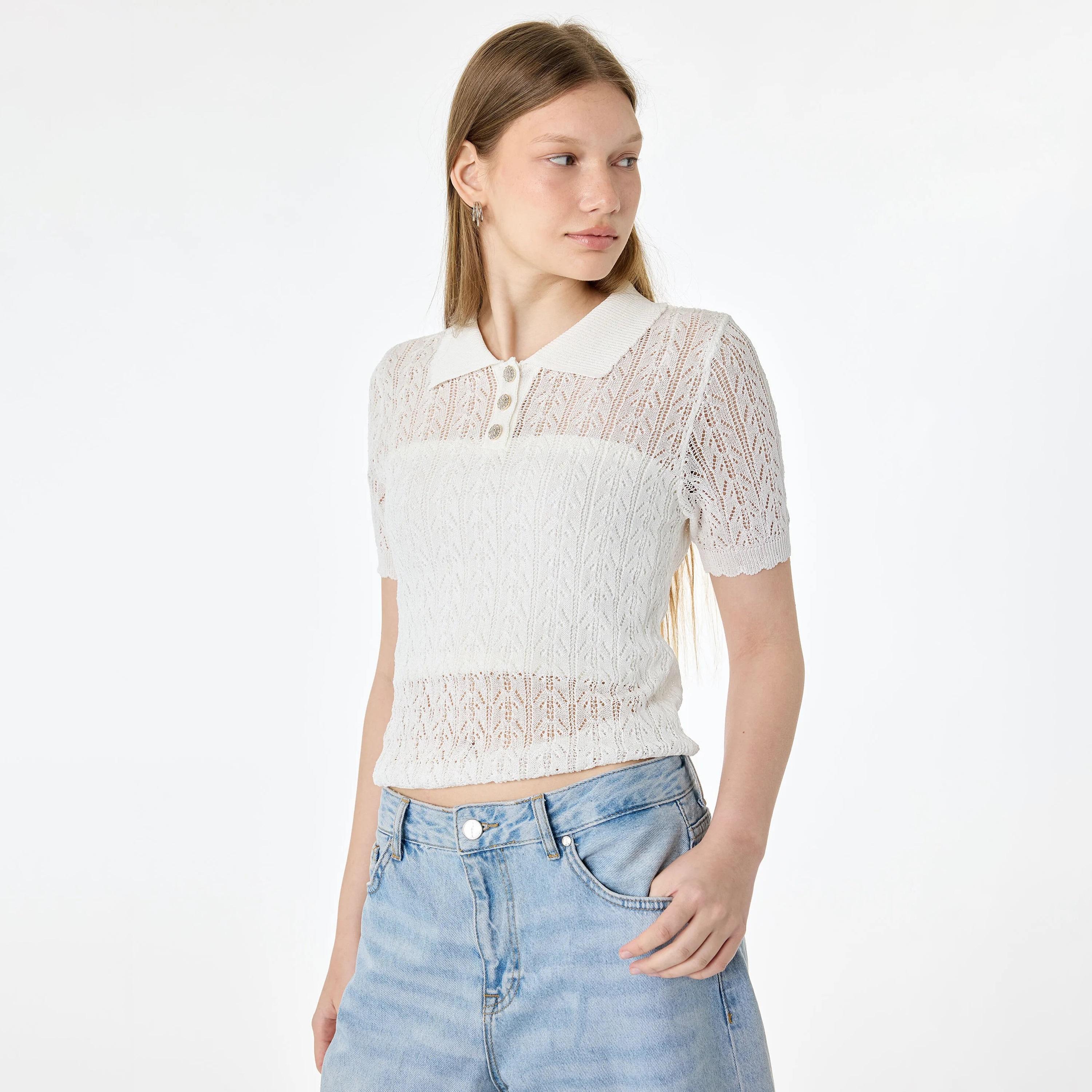 KOTON Beige Textured Collared Women's Polo Sweater-women-winterwear-cardigansandjumpers-jumpers-image-3