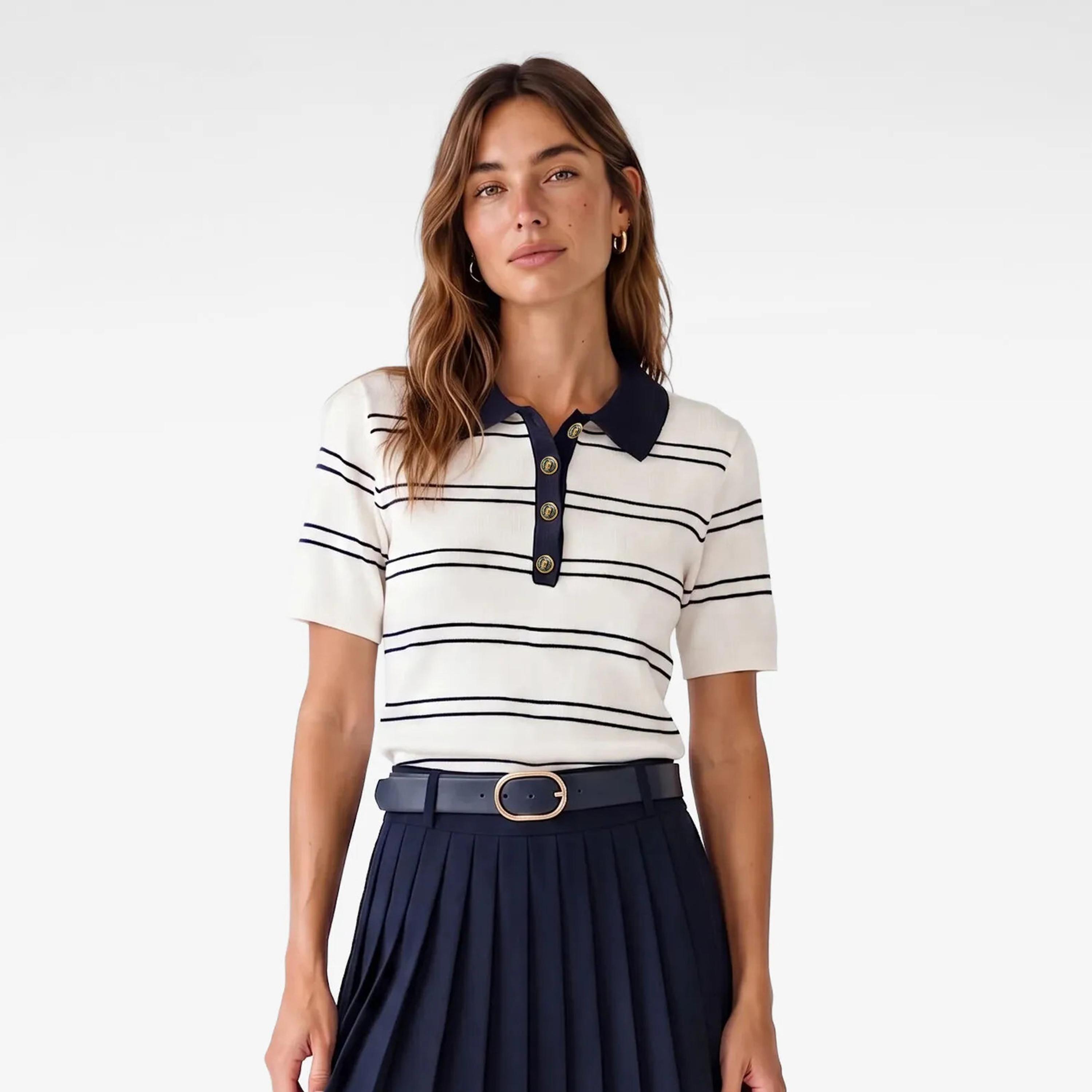 KOTON White Striped Collared Women's Knit Polo T-Shirt-women-clothing-tshirts-image-1