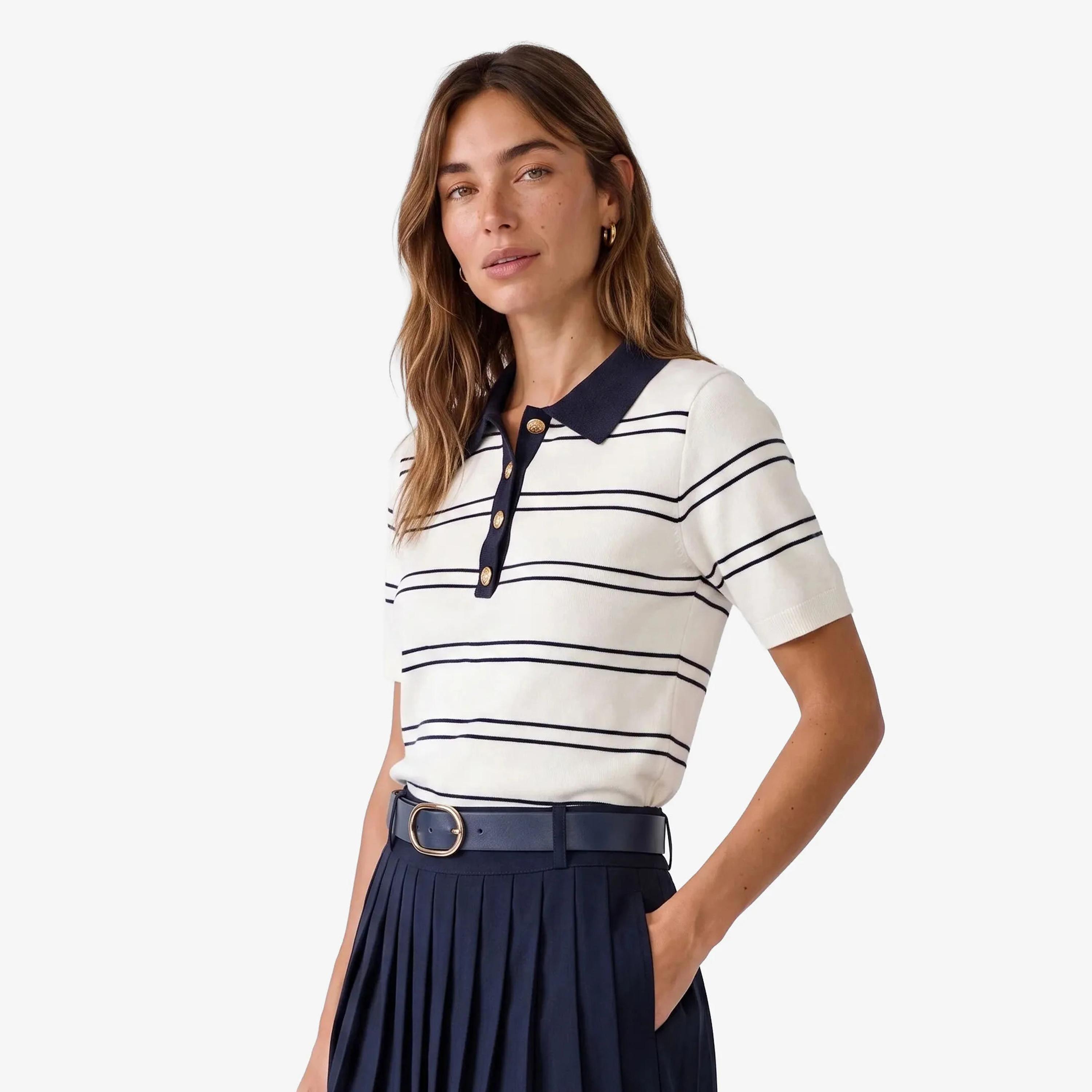 KOTON White Striped Collared Women's Knit Polo T-Shirt-women-clothing-tshirts-image-3