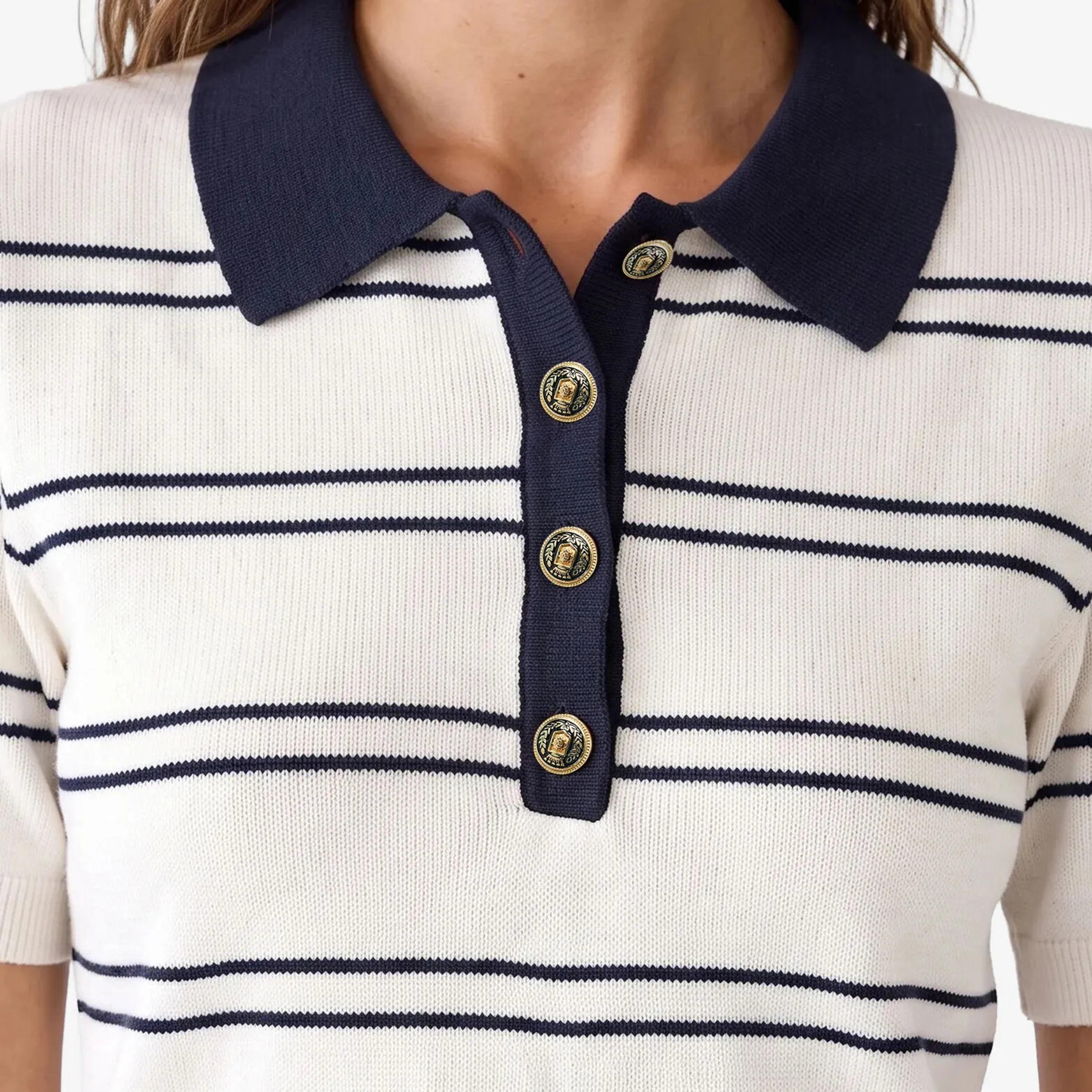 KOTON White Striped Collared Women's Knit Polo T-Shirt-women-clothing-tshirts-image-5