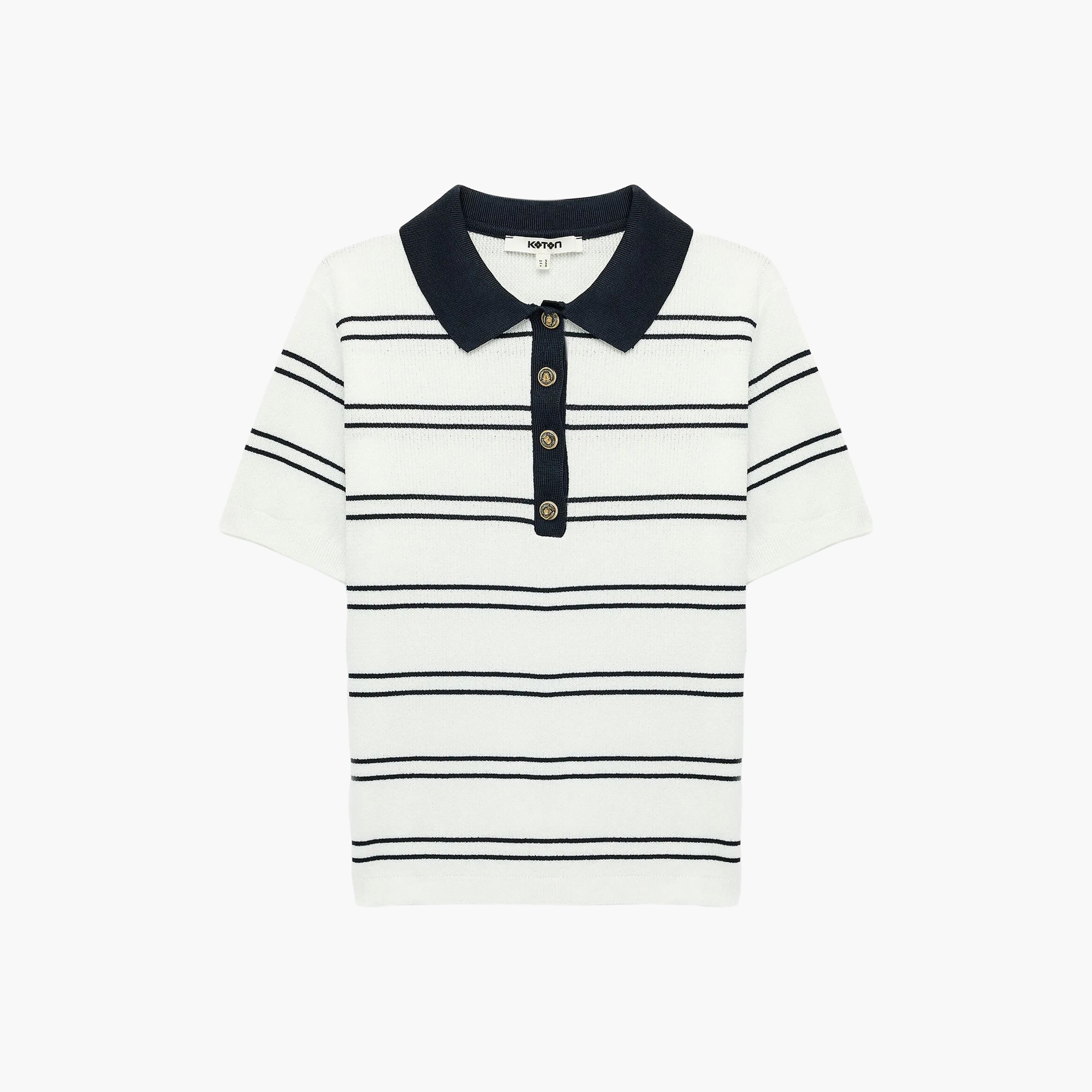 KOTON White Striped Collared Women's Knit Polo T-Shirt-women-clothing-tshirts-image-6